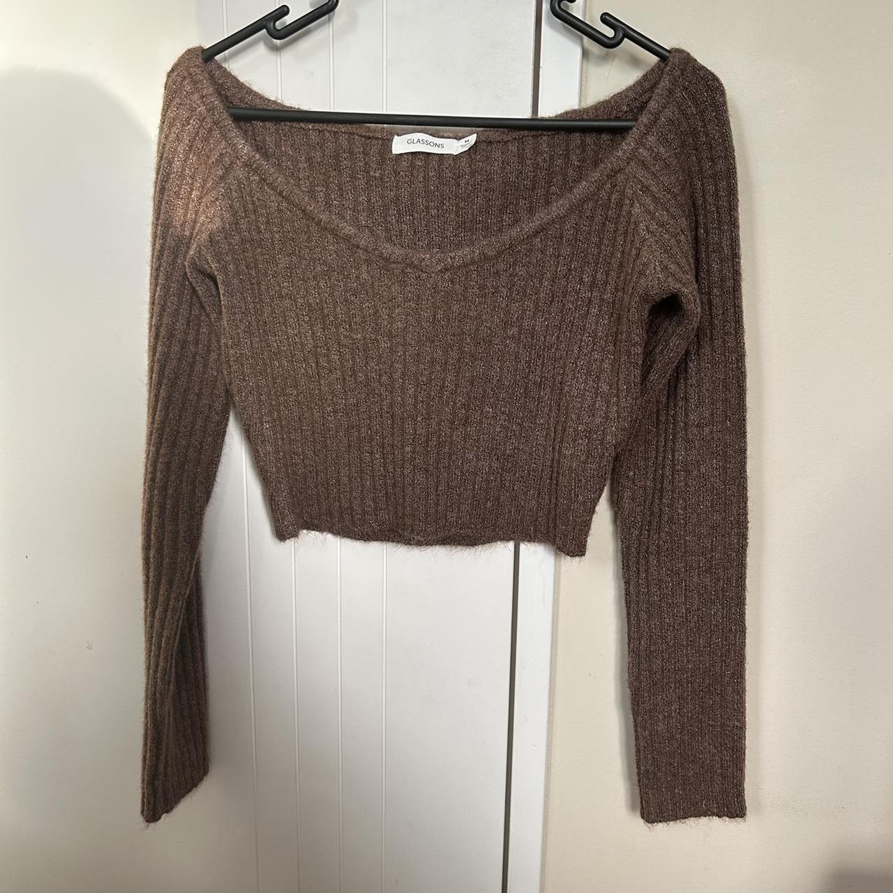 Chocolate brown off the shoulder long sleeve cropped... - Depop