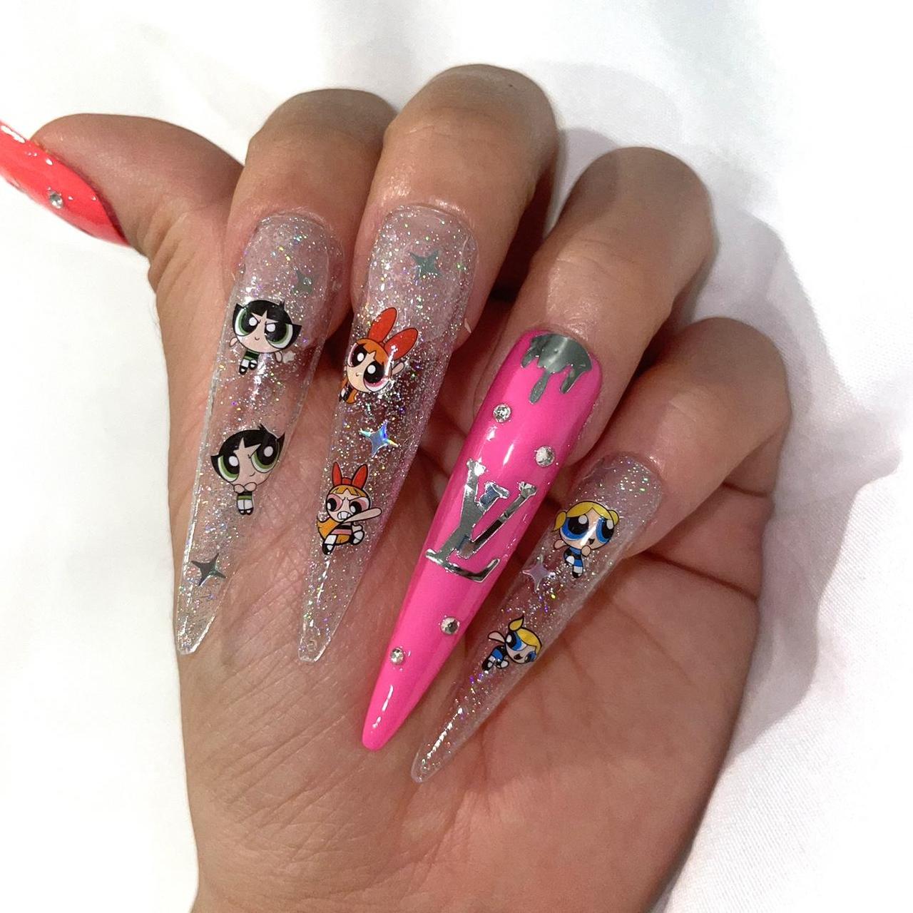 Pink LV x PowerPuffgirls press-on nails - Depop