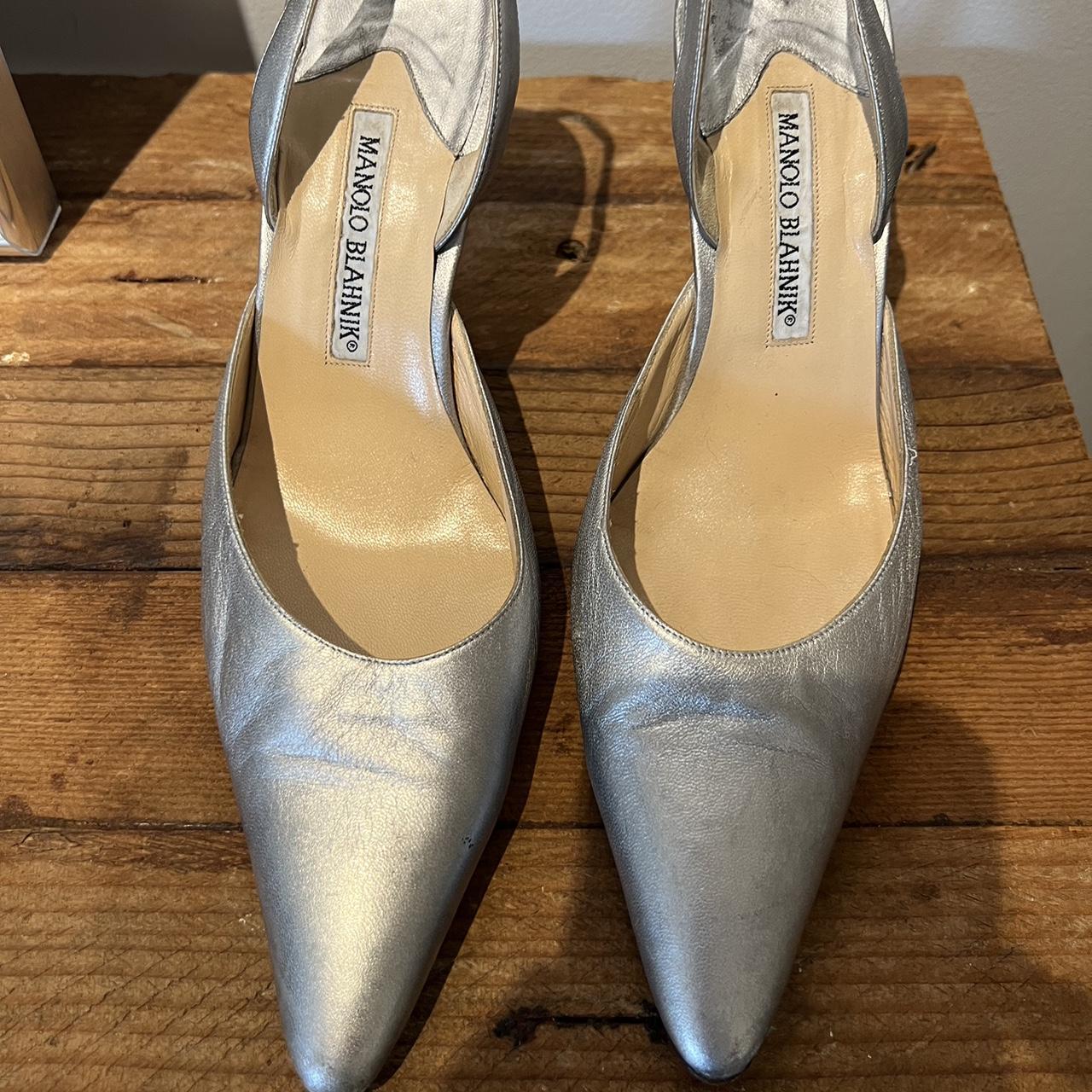 Vintage silver Manolo Blahnik sling back heels!... - Depop