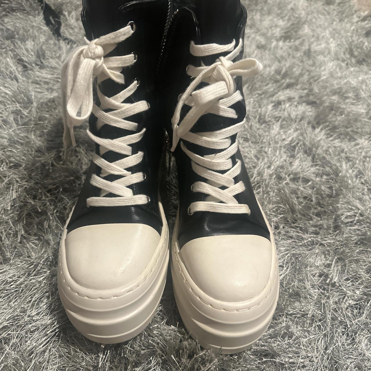 Rick Owens black and white leather high top sneakers... - Depop