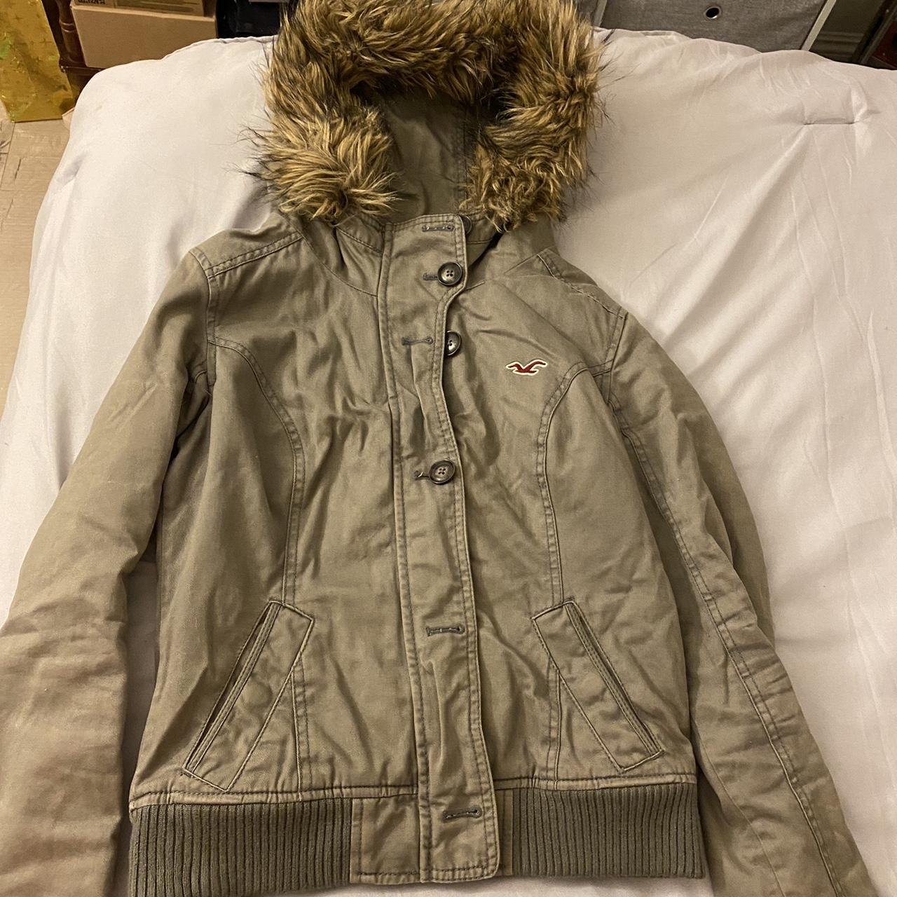 Grey vintage Hollister jacket with fake fur hoodie.... Depop
