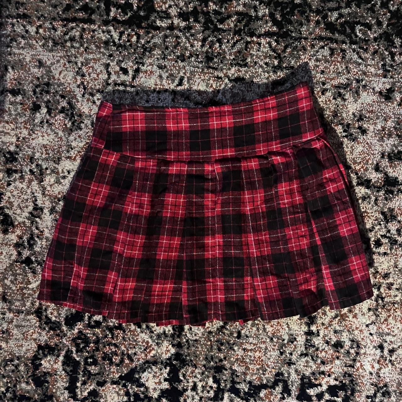 red pleated mini skirt brand: idk man size: fits as... - Depop