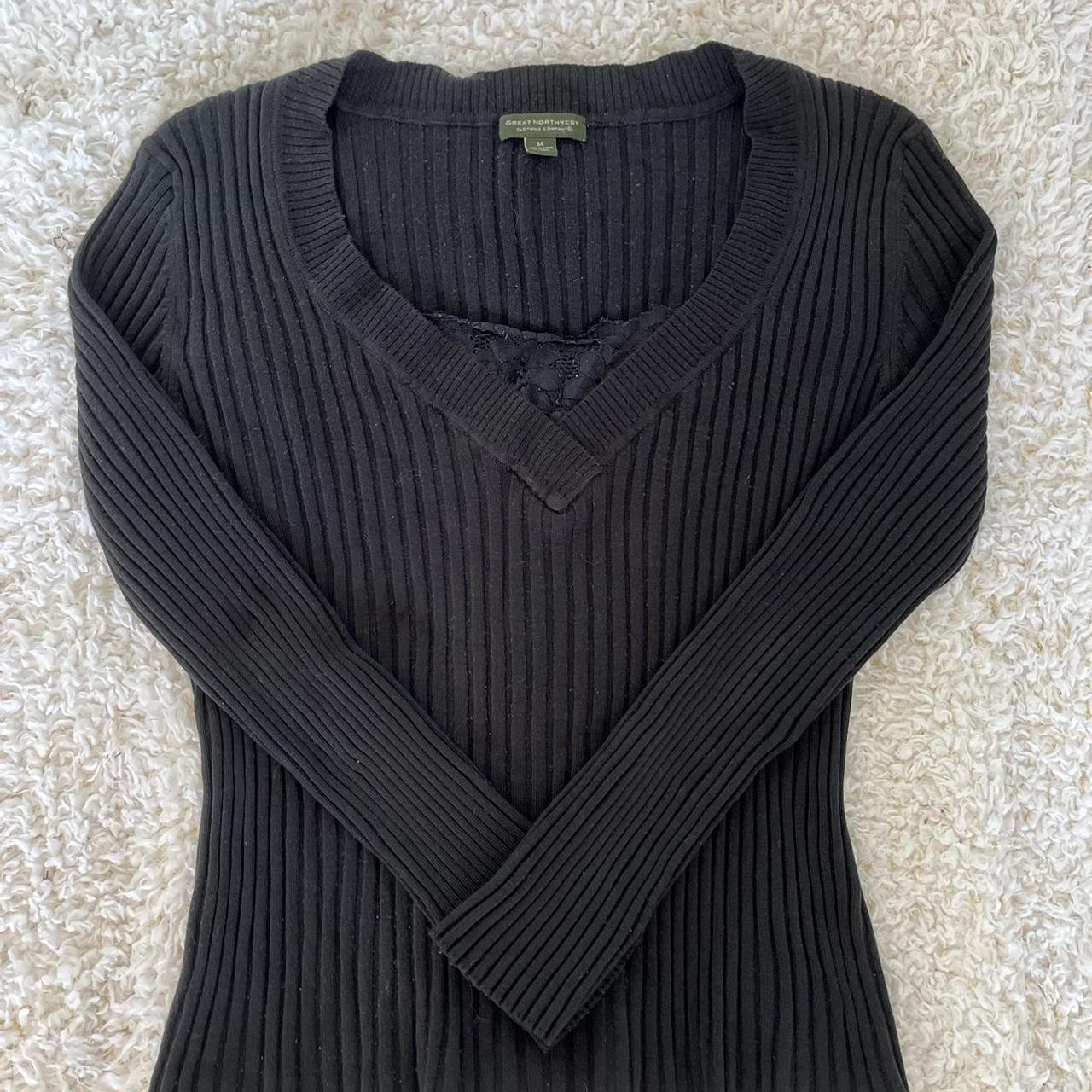 Black ribbed v neck sweater with cross cross lace... - Depop