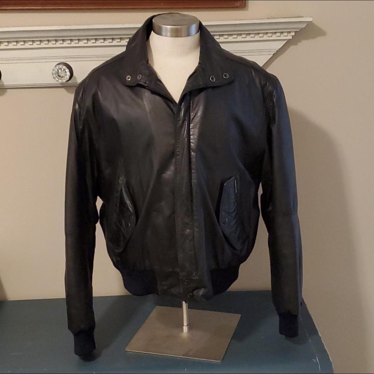 Black vintage 90s sleek leather jacket tagged size... - Depop