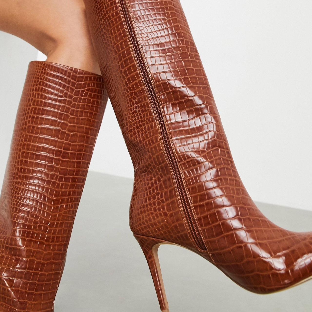 asos design claudia knee high boots in tan