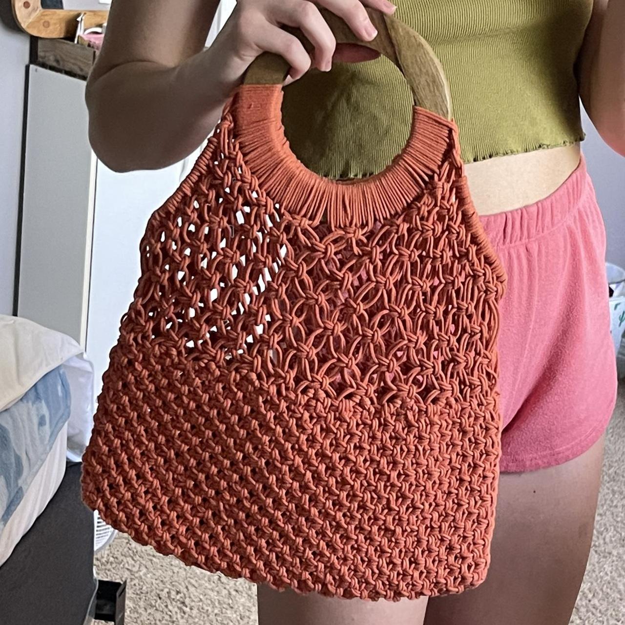 Rectangular Cotton Crochet Tote with Leather Handles - Scents & Feel