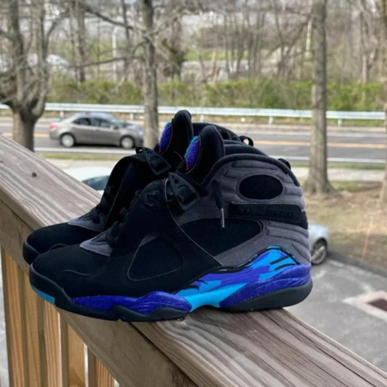 Jordan 8 Retro aqua features a tonal blue upper. Depop