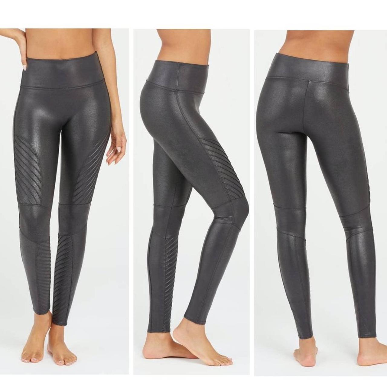 Features: Faux leather moto leggings by Spanx High - Depop