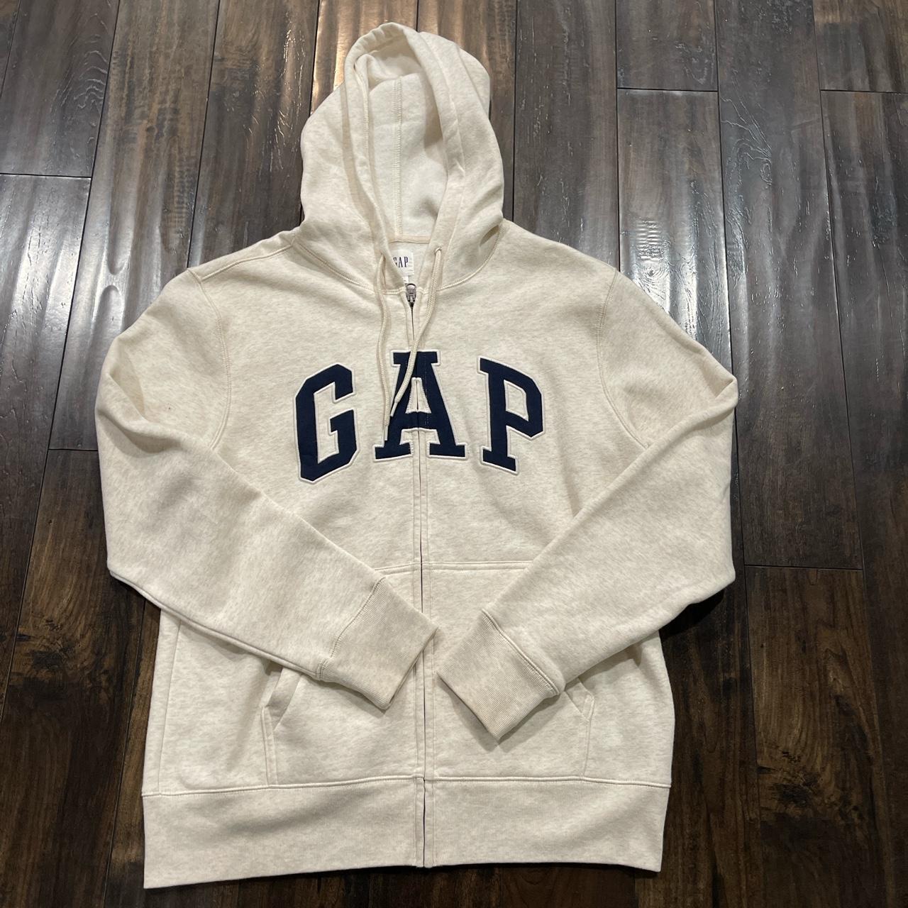 Gap Men's Grey and Cream Hoodie Depop