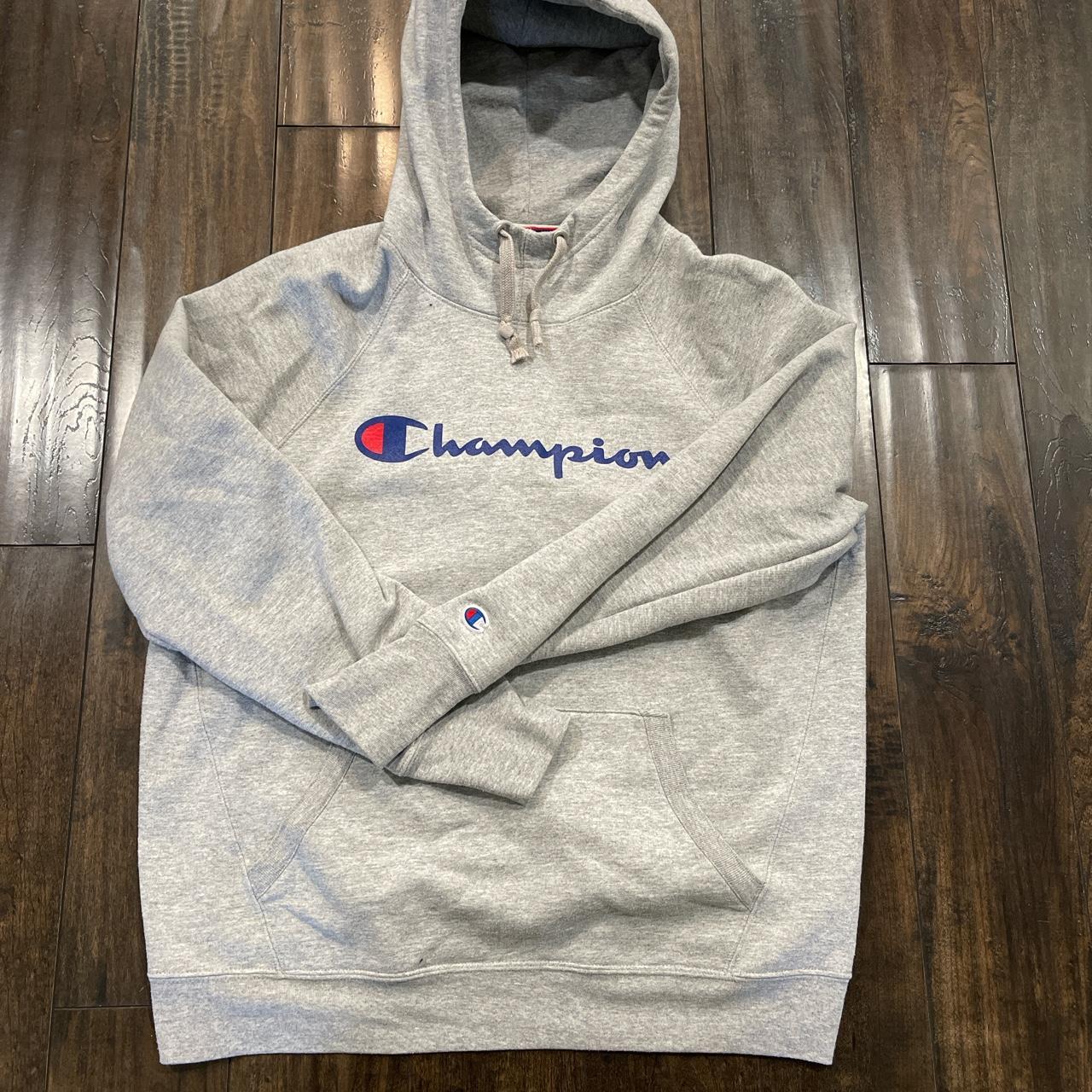 Grey champion neck cover hoodie. Size large but fits... - Depop