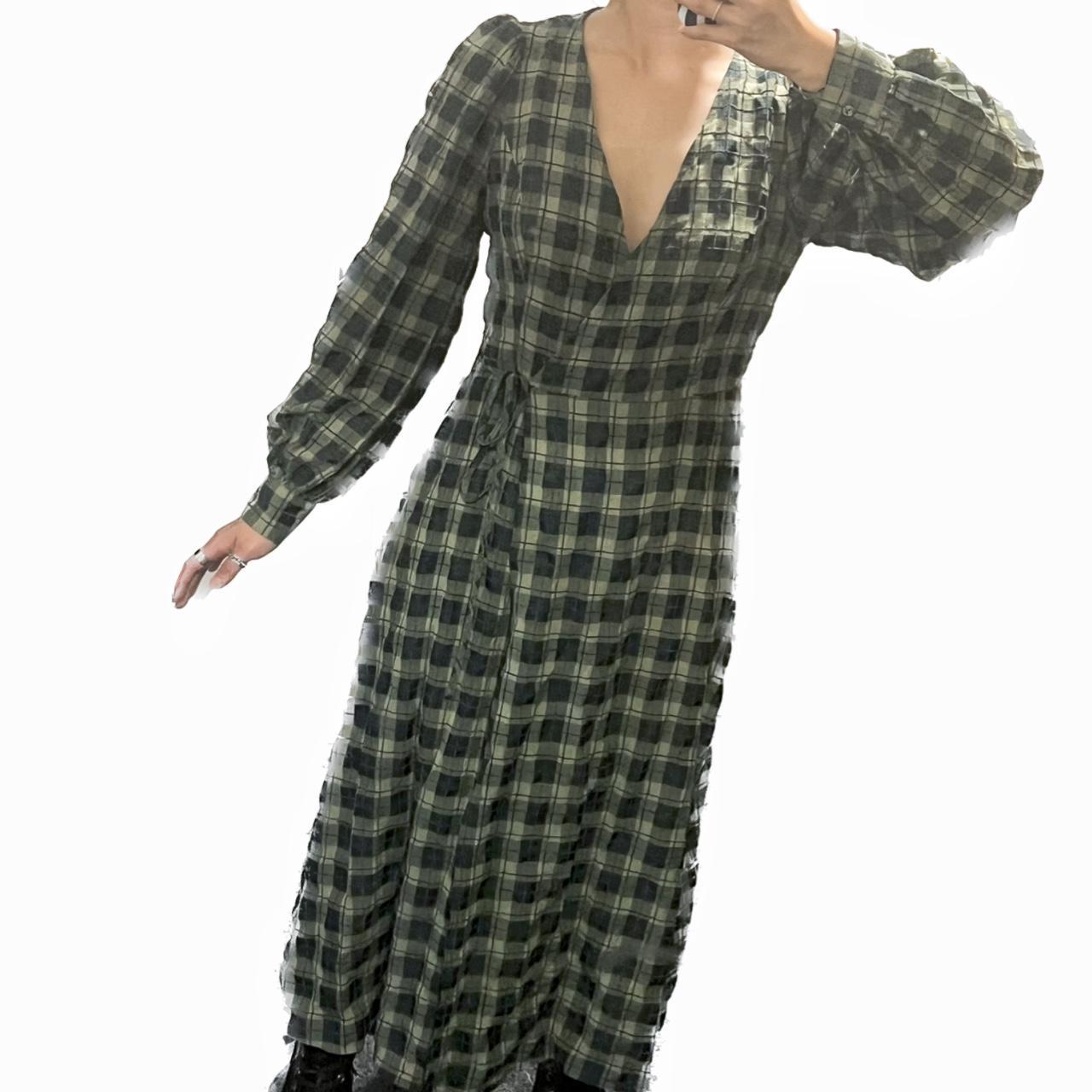 Sludge green plaid ballon sleeve maxi warp Depop