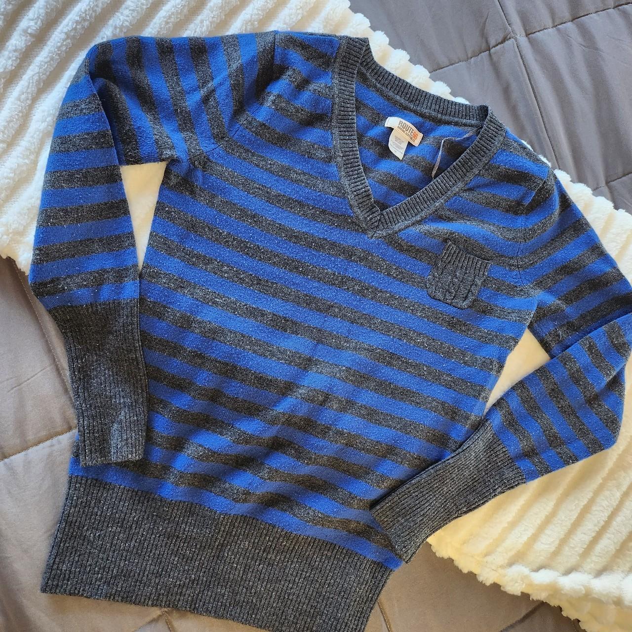 Route 66 blue and black striped sweater with small... - Depop