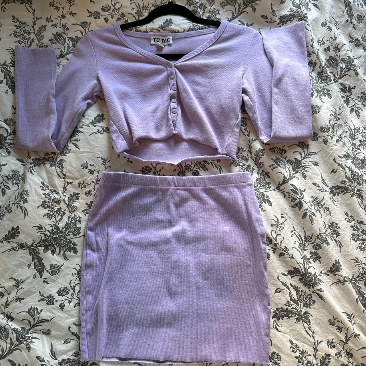 Purple Long Sleeve Crop And Skirt Set Depop