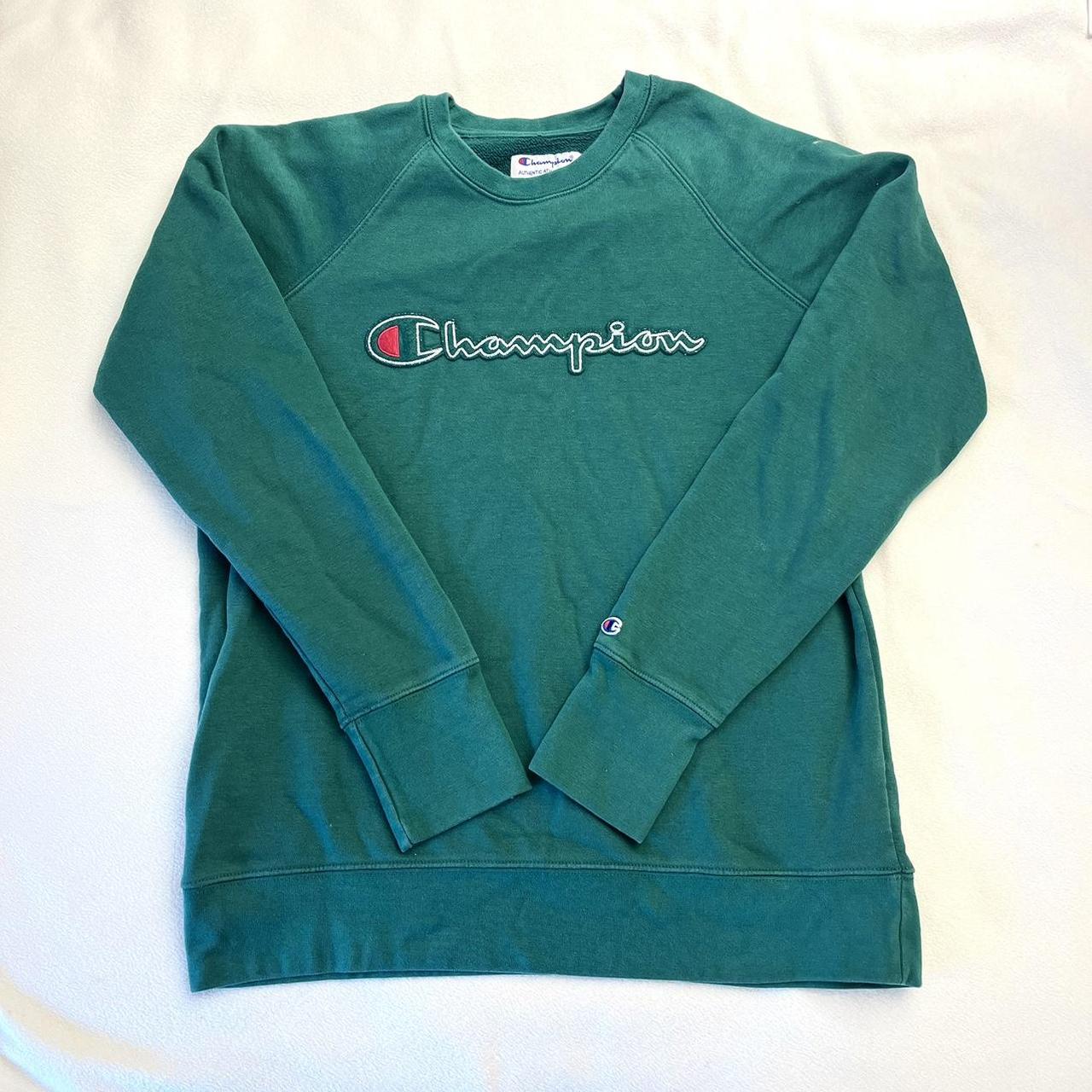 green/teal champion crew neck sweater! used but... - Depop
