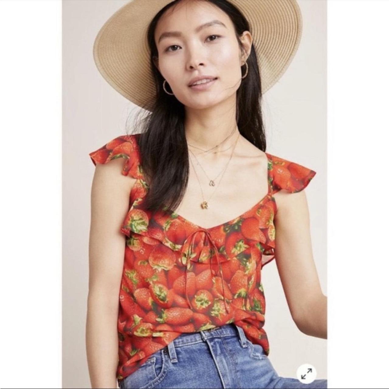 anthropologie strawberry flowy top in excellent... - Depop