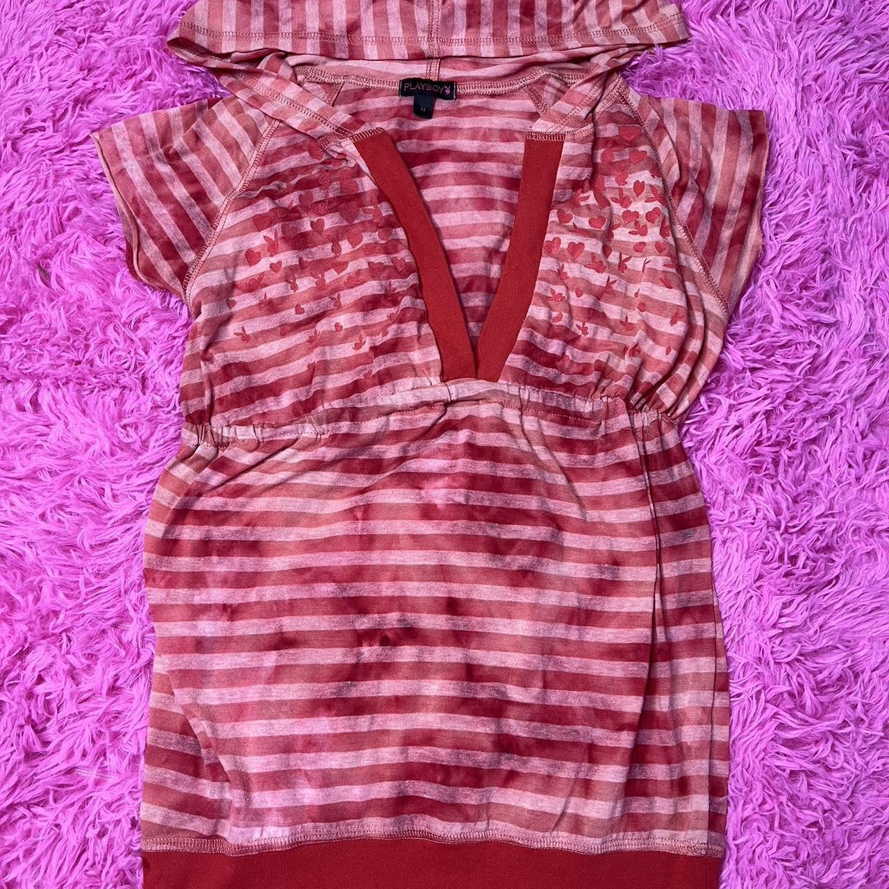 Playboy y2k striped hooded top. Orangish red color.... - Depop