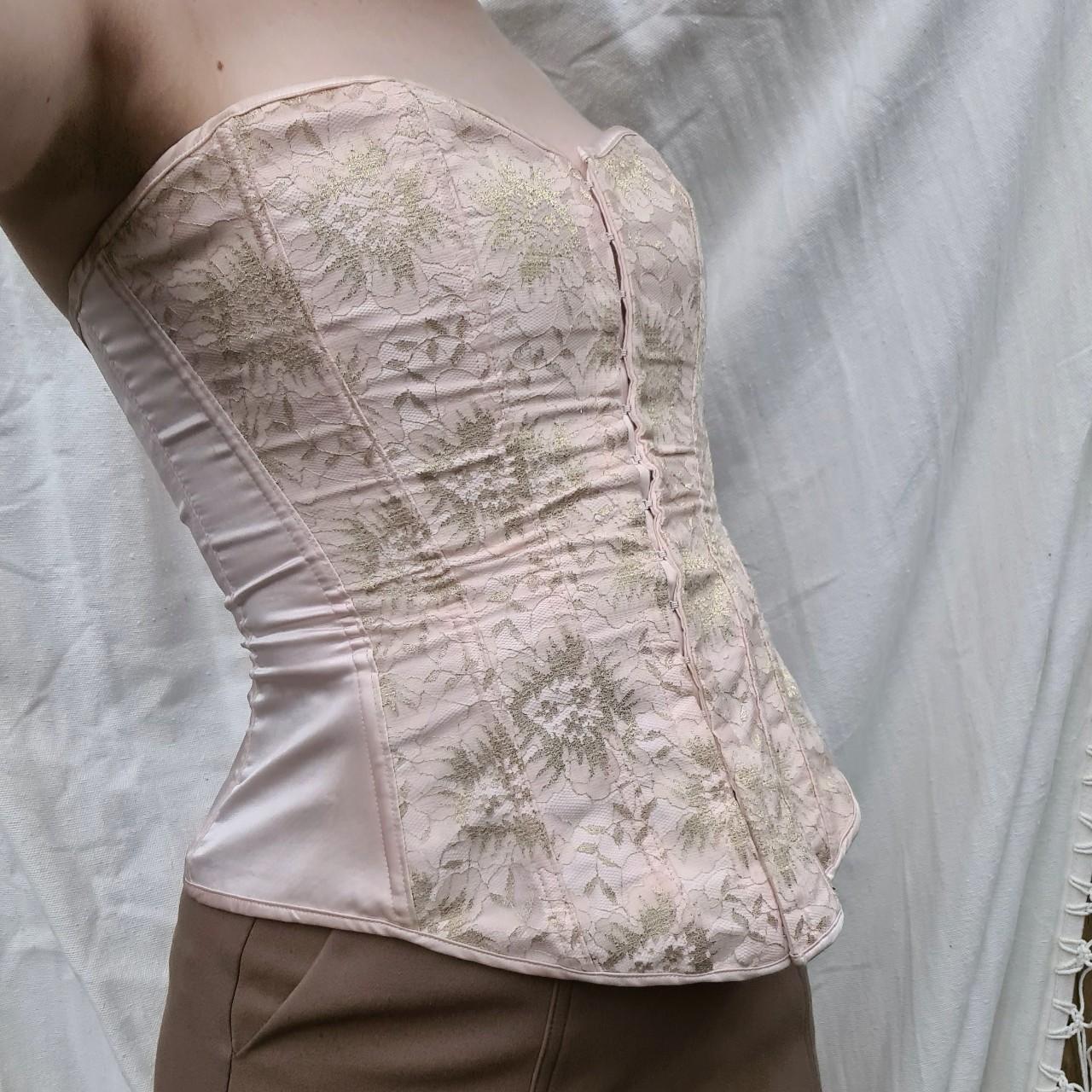 🌸Vintage 80s Fit Baby Pink Corset Top with Lace Hem - Depop