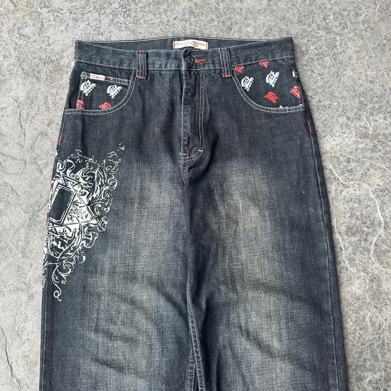 Y2K Skull Grunge Embroidered Paco Jeans Size... - Depop