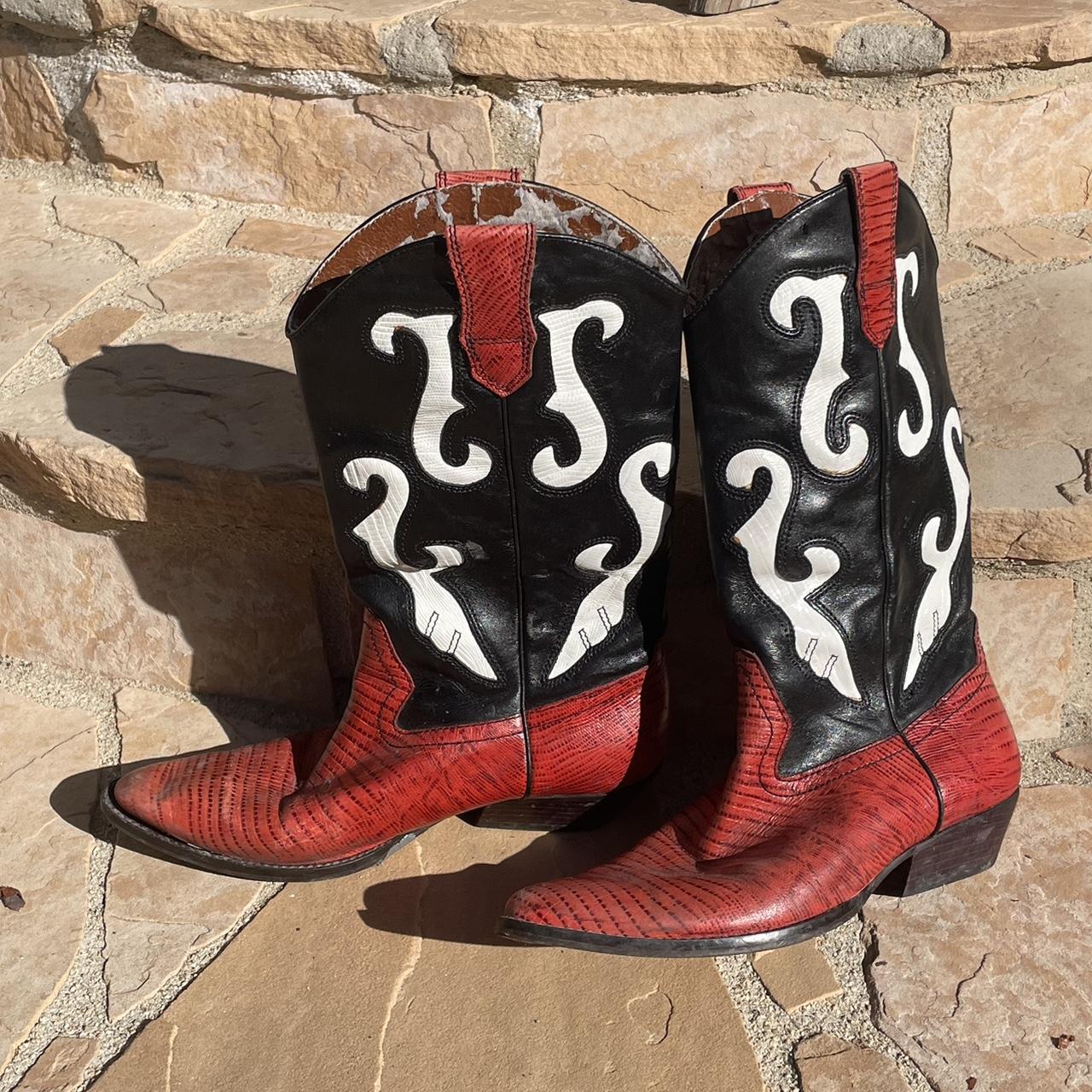 red and black cowboy boots would fit a skinnier... - Depop