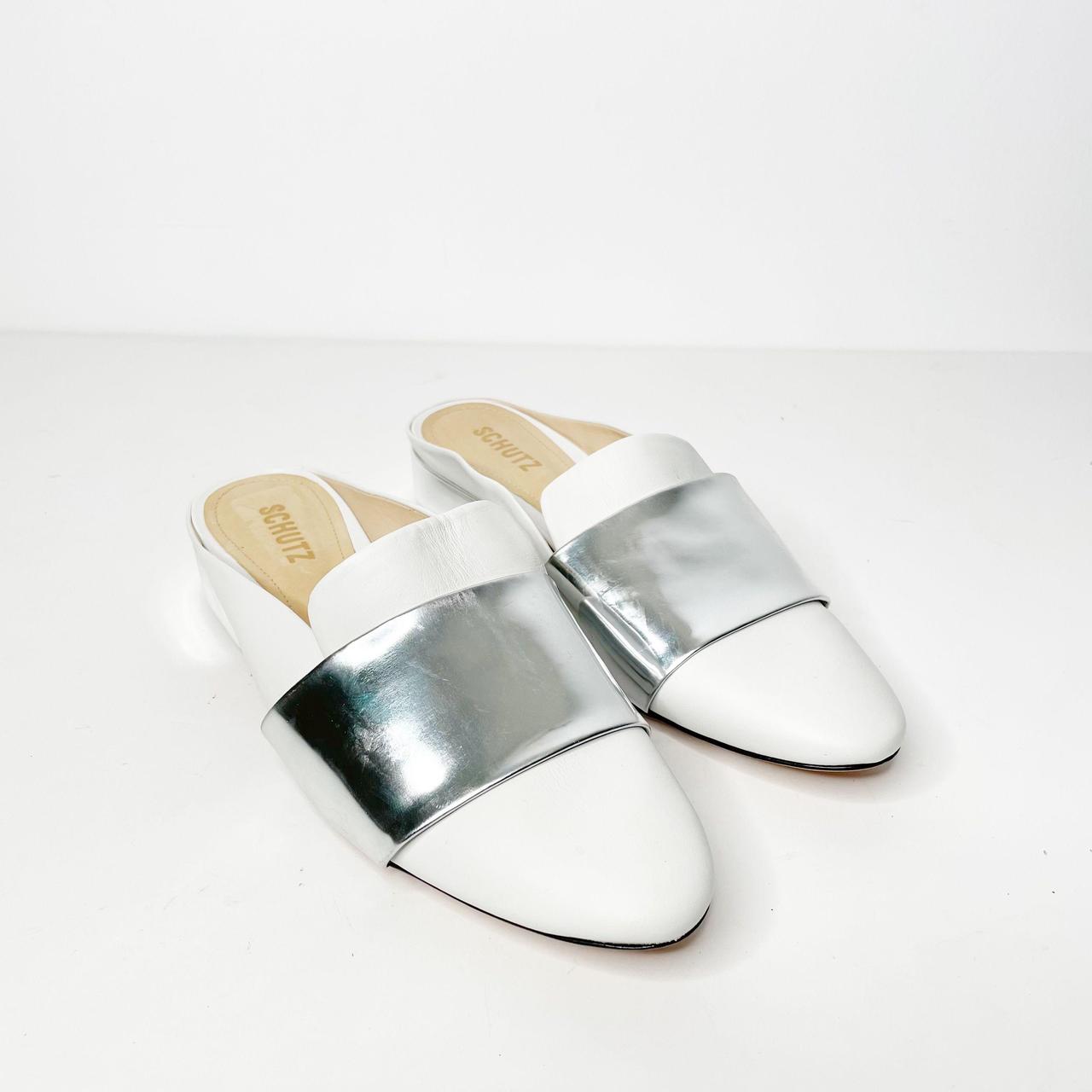 Schutz Women's White and Silver Loafers