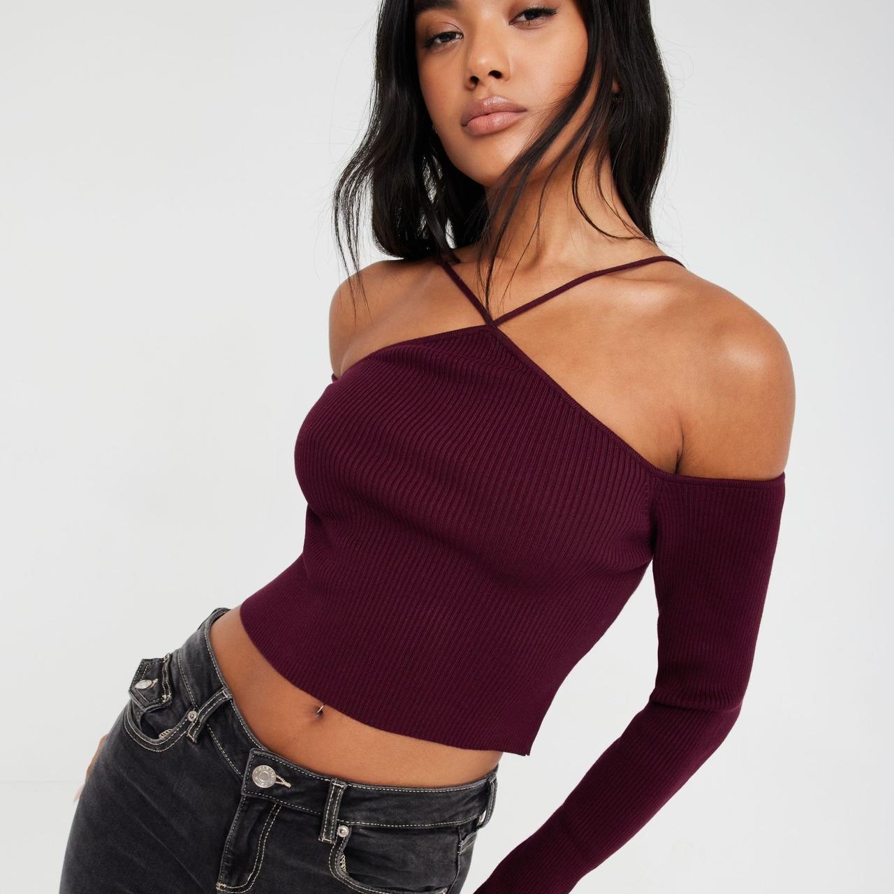 Garage Cold Shoulder Sweater Color: Fig Red? Size:... - Depop