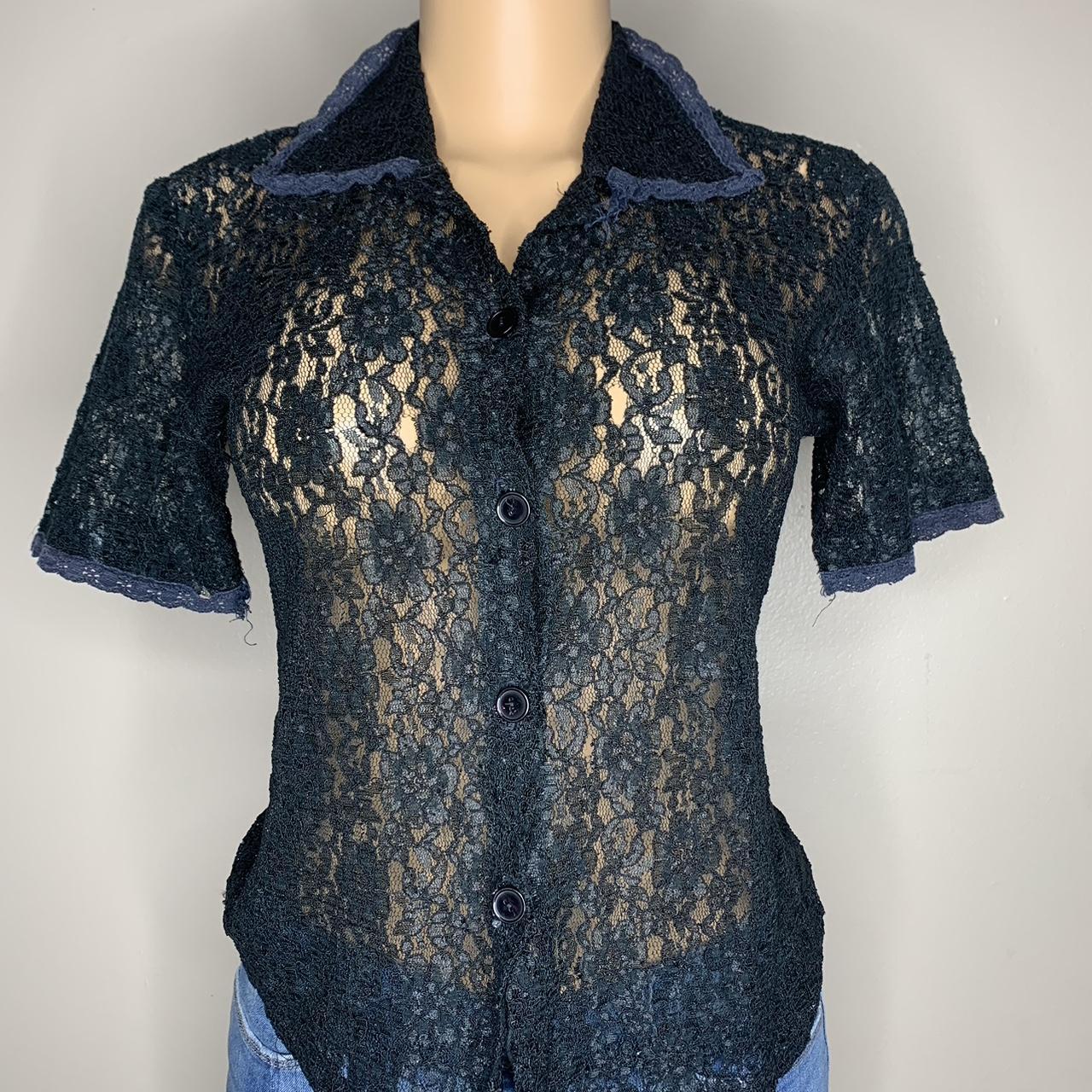 contempo Black Floral Lace Button-up Short Sleeve... - Depop