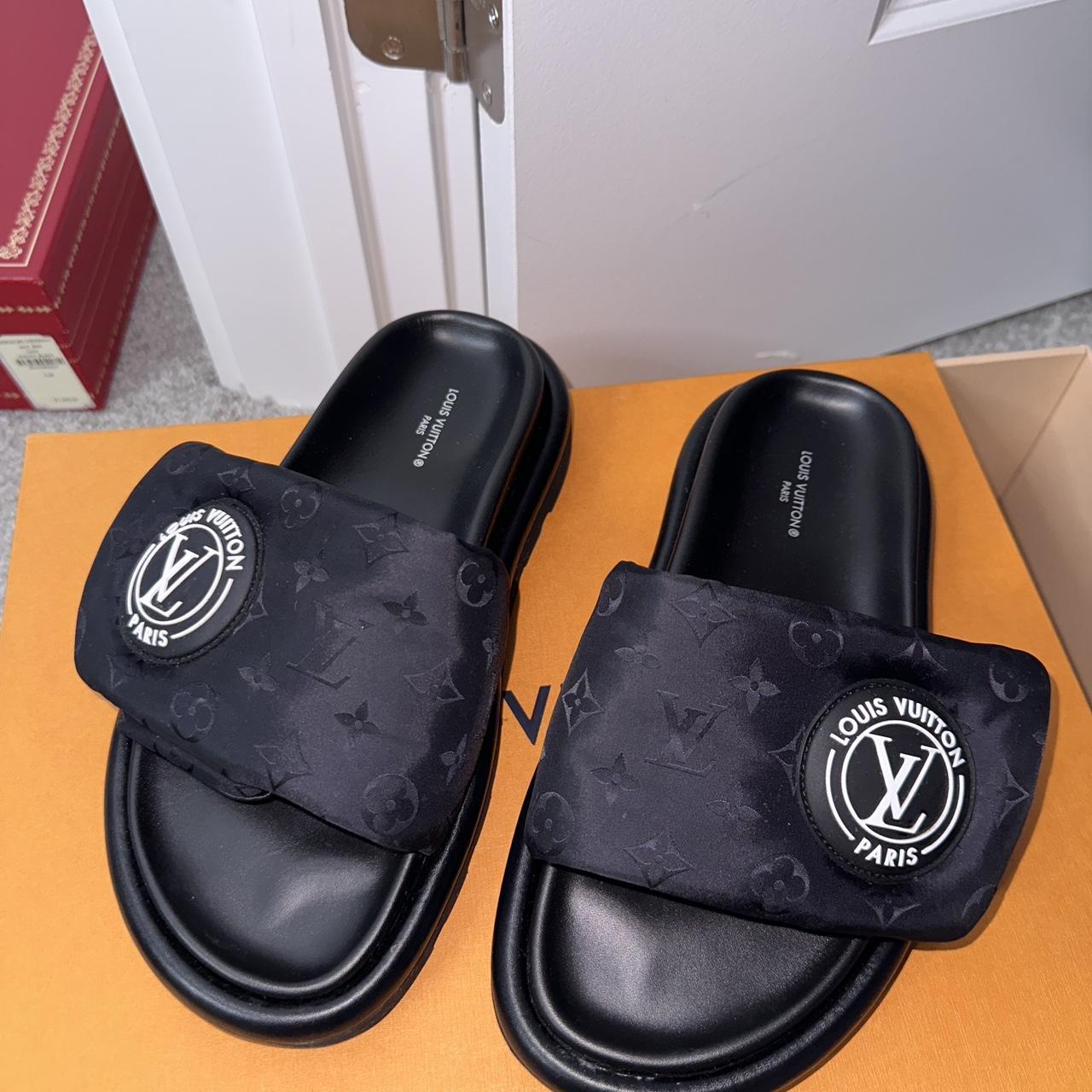 Black Louis Vuitton pool slides Size 7 Worn once... - Depop