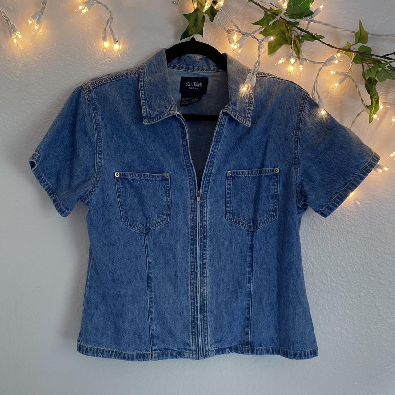 solutions denim zip up shirt with collar vintage... - Depop