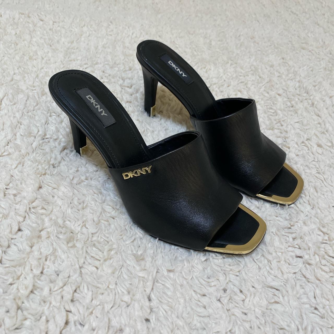 DKNY Black Leather Open Toe Heels With Gold Accents... - Depop