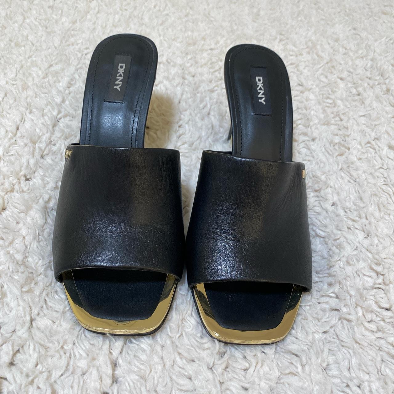 DKNY black leather open toe heels with gold accents... - Depop