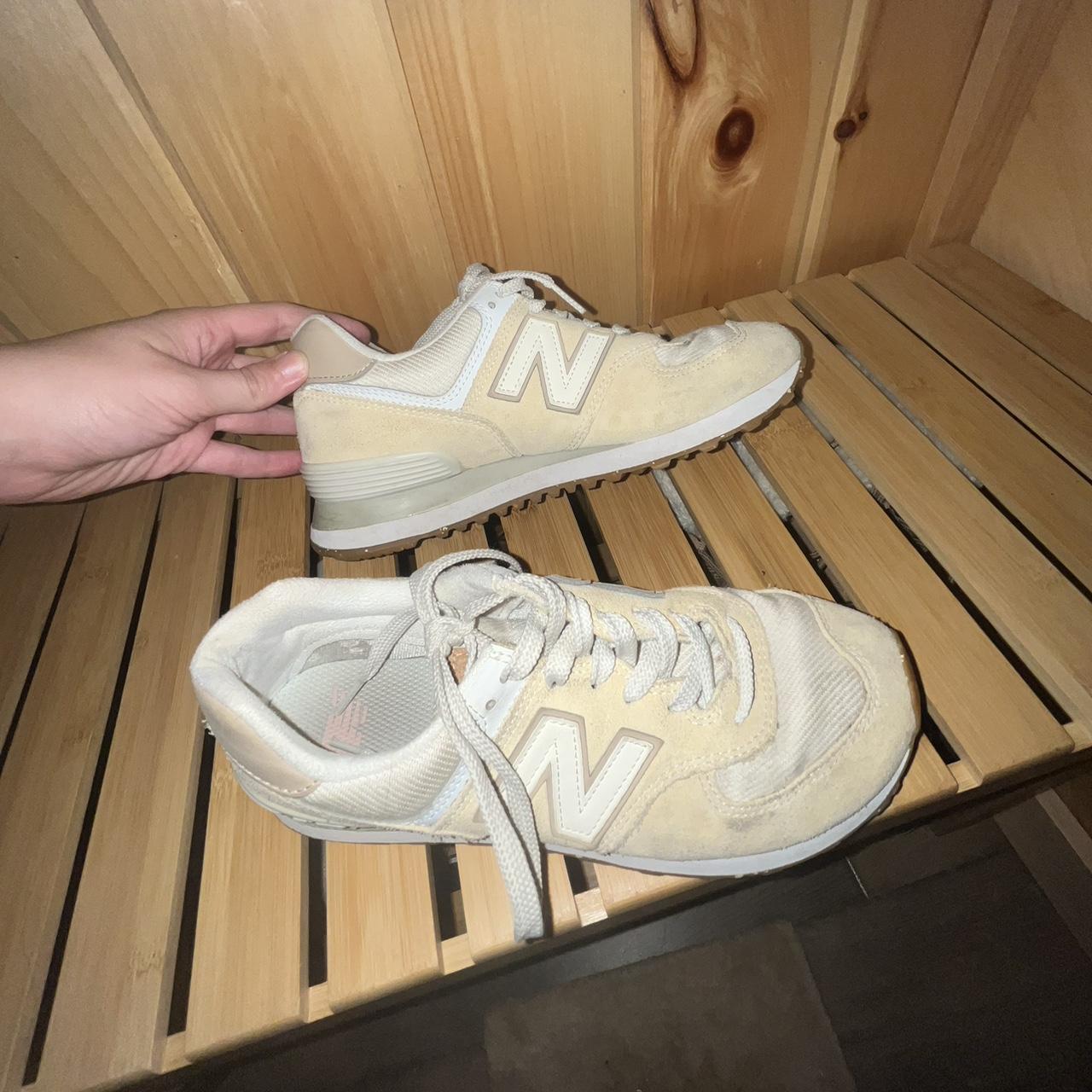 light brown beige new balance 574s some scuffing Depop