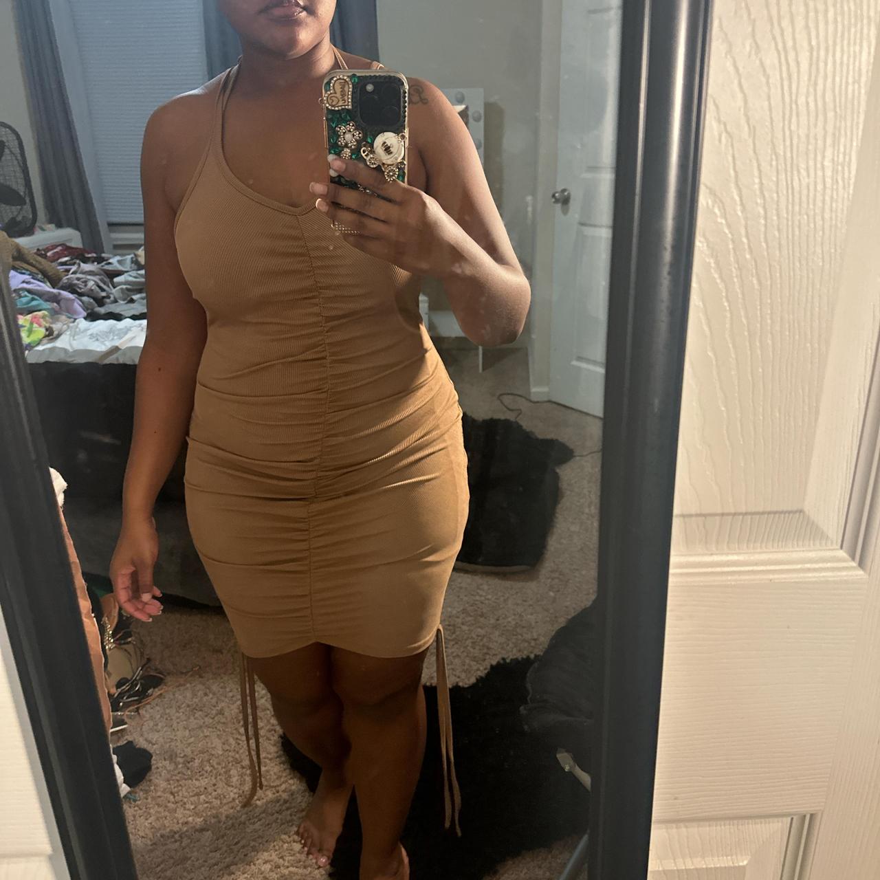 Tan and brown ruched mini dress #minidress - Depop