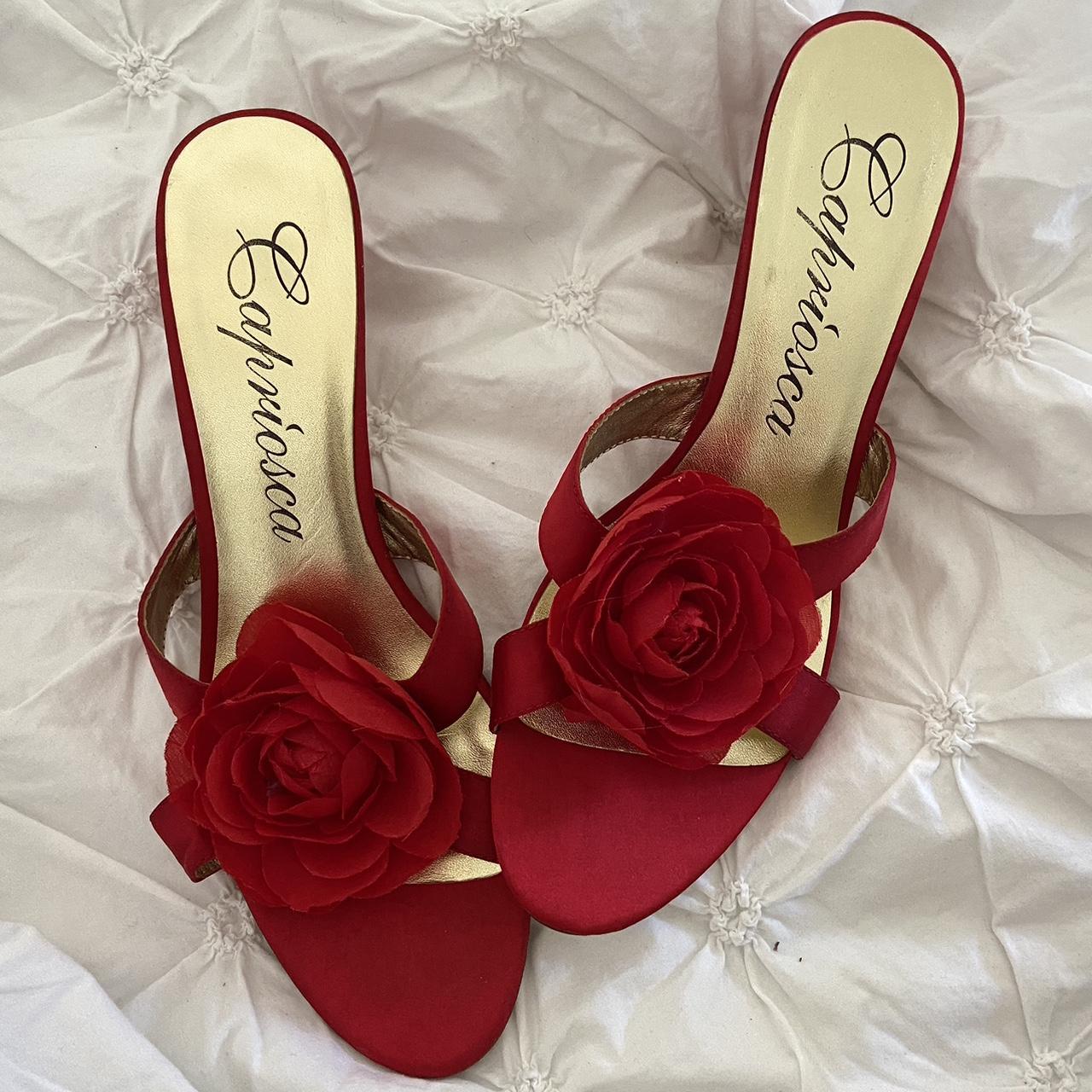 Capriosa kitten heel. Red kitten heels with flower.... - Depop