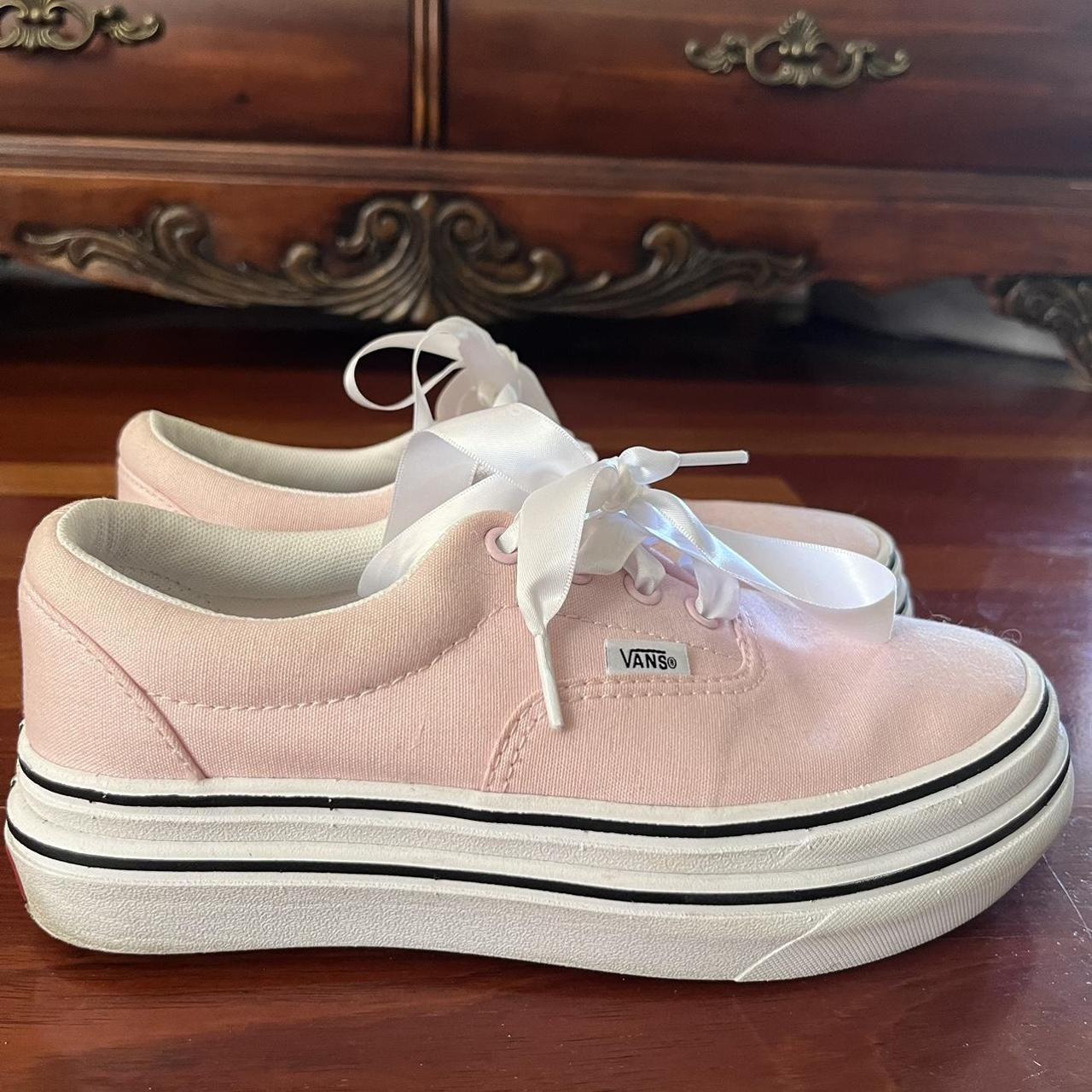 Pastel baby pink platform vans with reworked ribbon. Depop