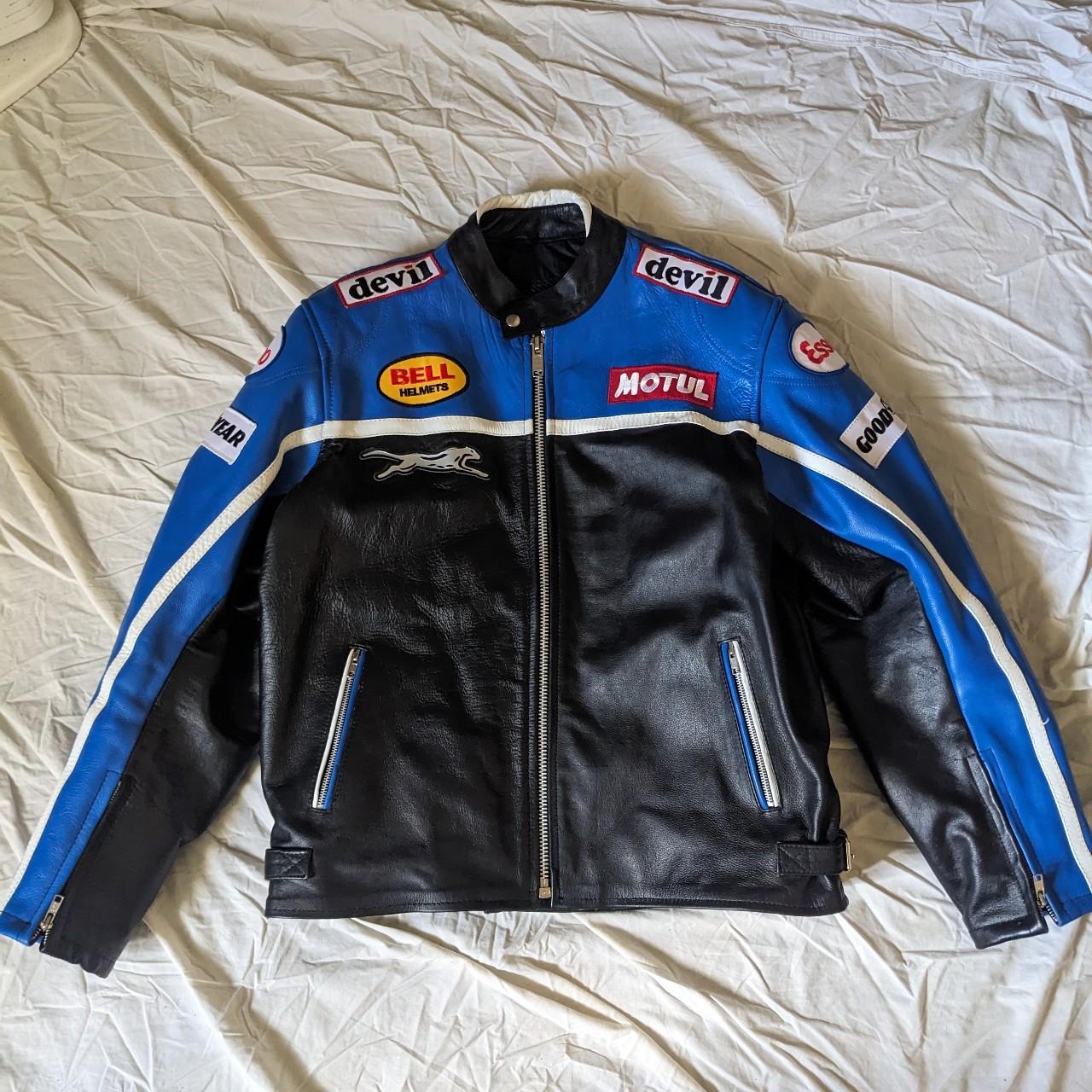 Maakson vintage leather biker racing jacket Blue and... - Depop