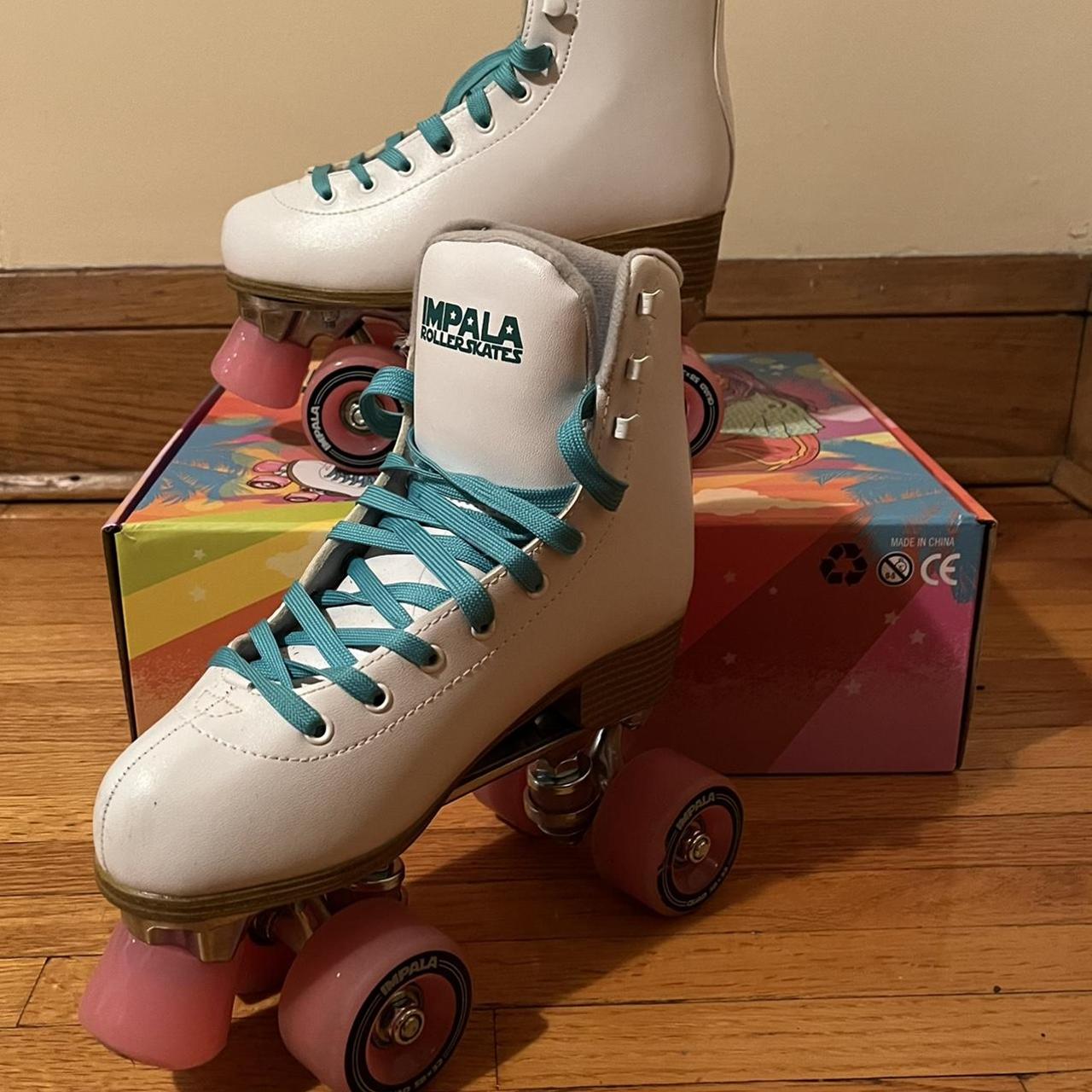 🛼White impala roller skates, pink wheels and blue... Depop