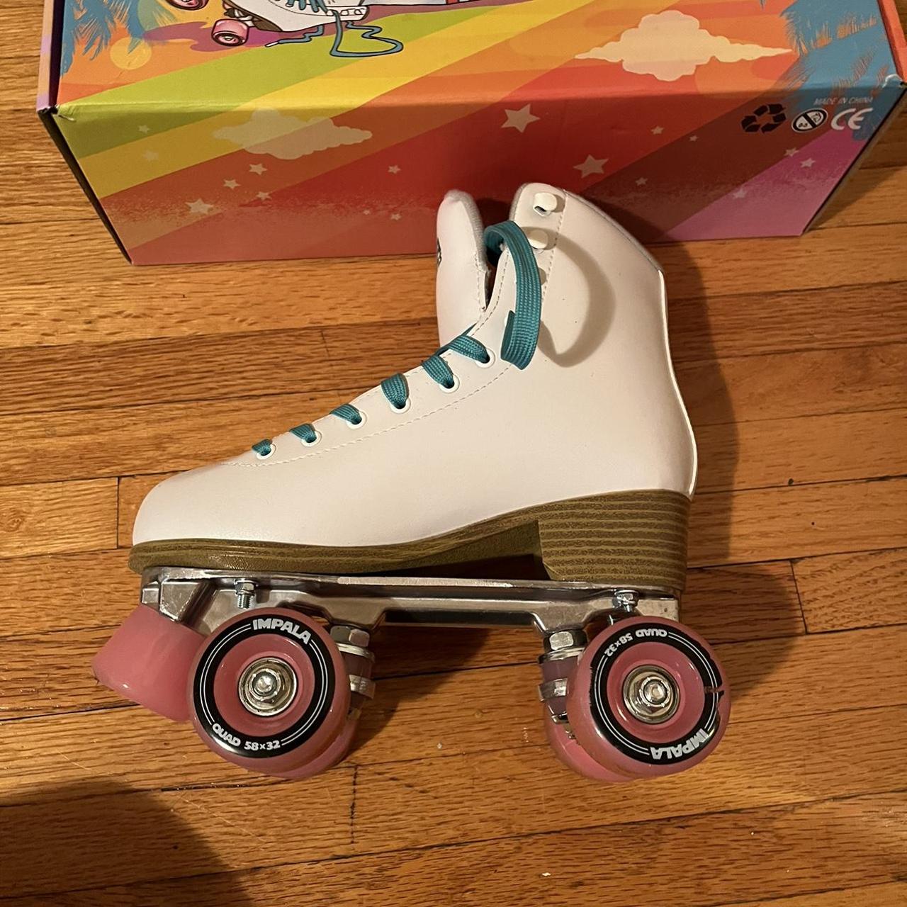 🛼White impala roller skates, pink wheels and blue... Depop