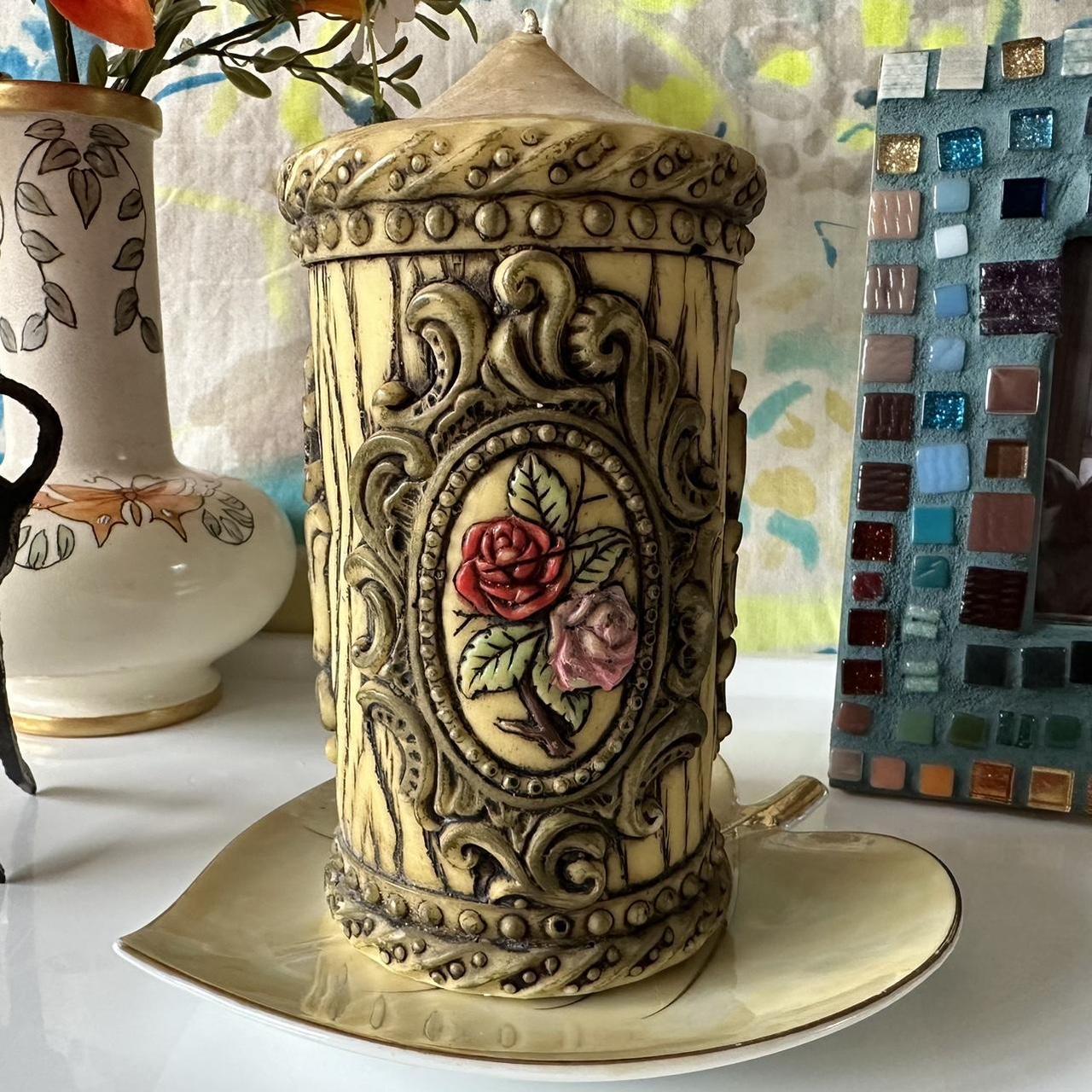 vintage mid century modern carved floral rose candle... - Depop