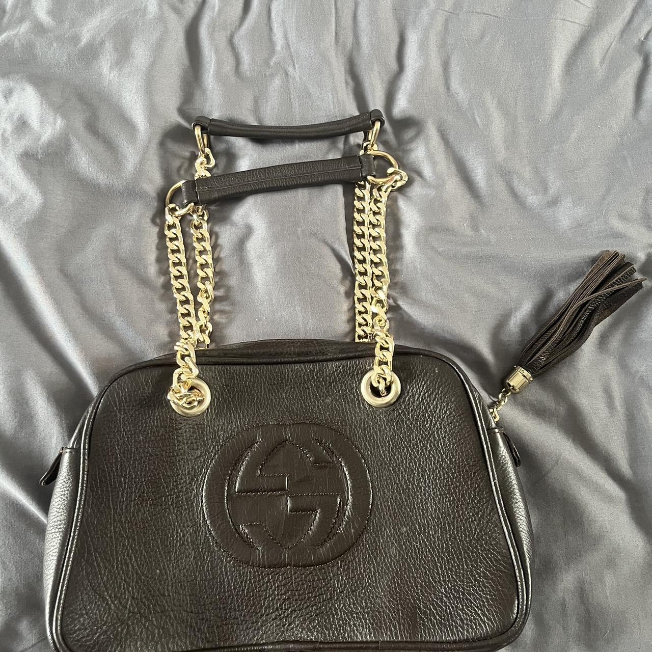 Dark Grey/Black Gucci Bag Gold chains Used a few... - Depop