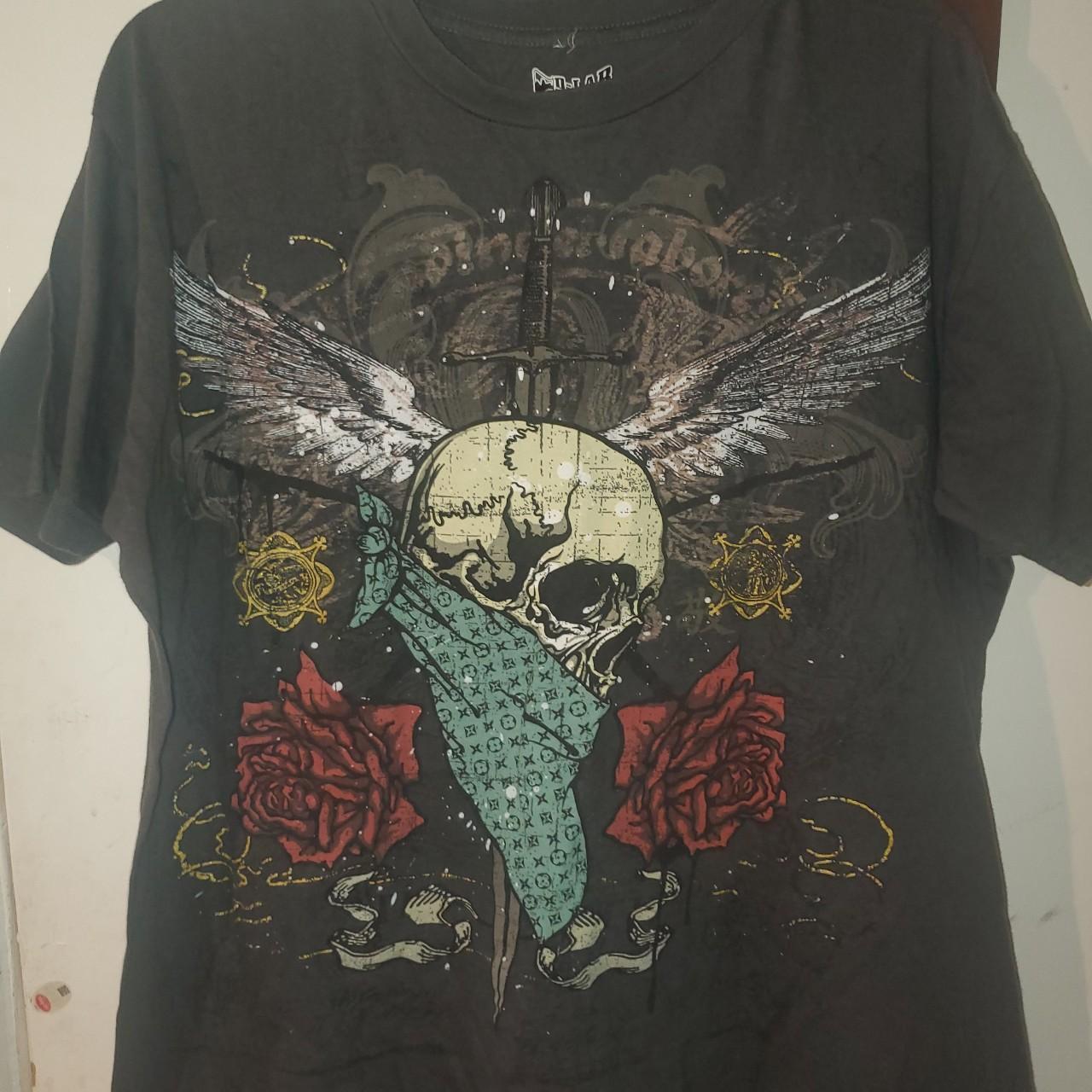 cool affliction style shirt with a skull in the... - Depop