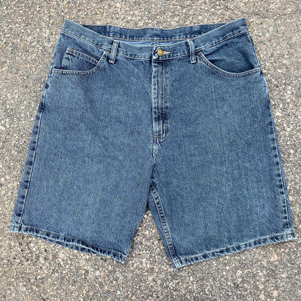 2000s wrangler relaxed fit dark wash jorts size... - Depop