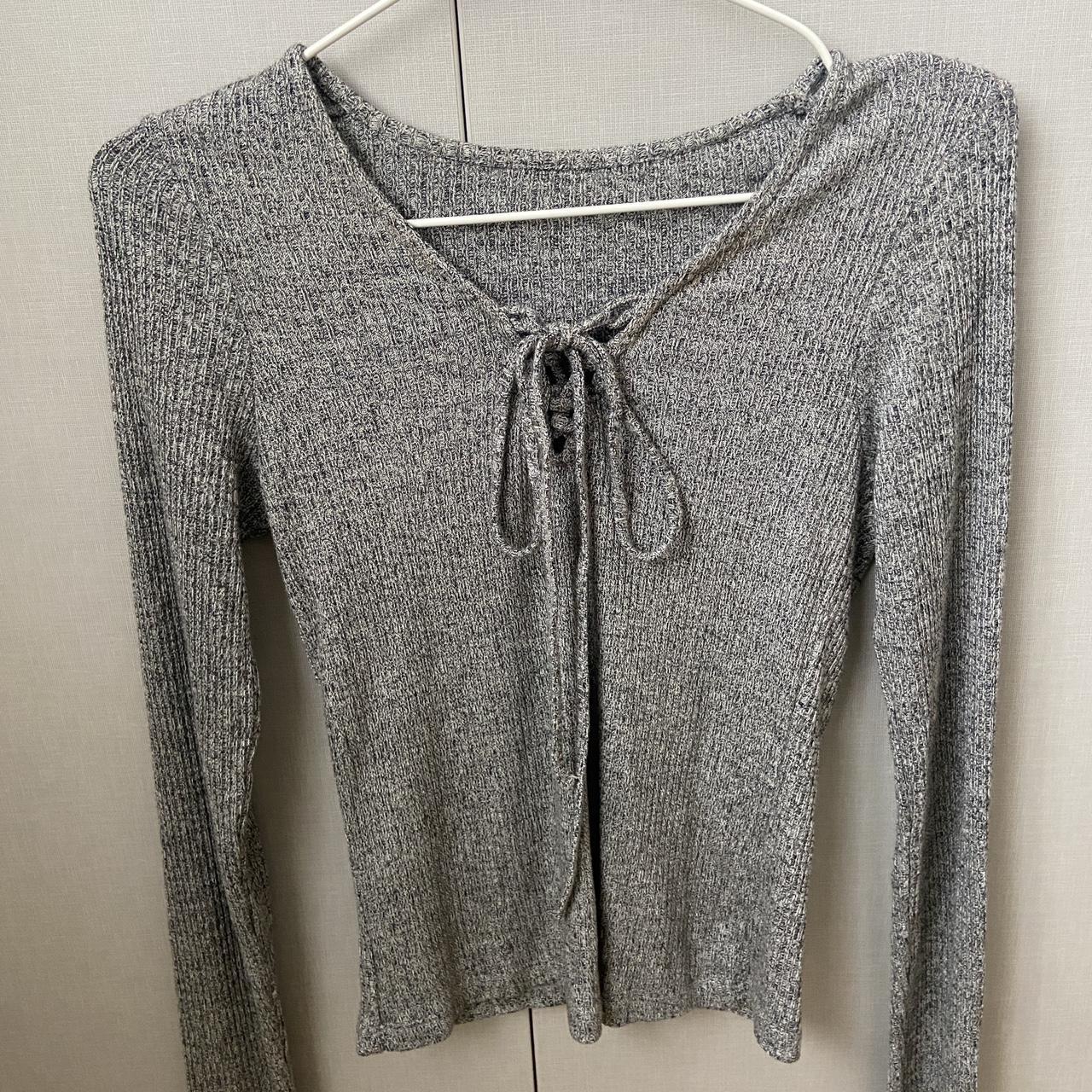 Grey ribbed long sleeve top with tie up lace detail... - Depop
