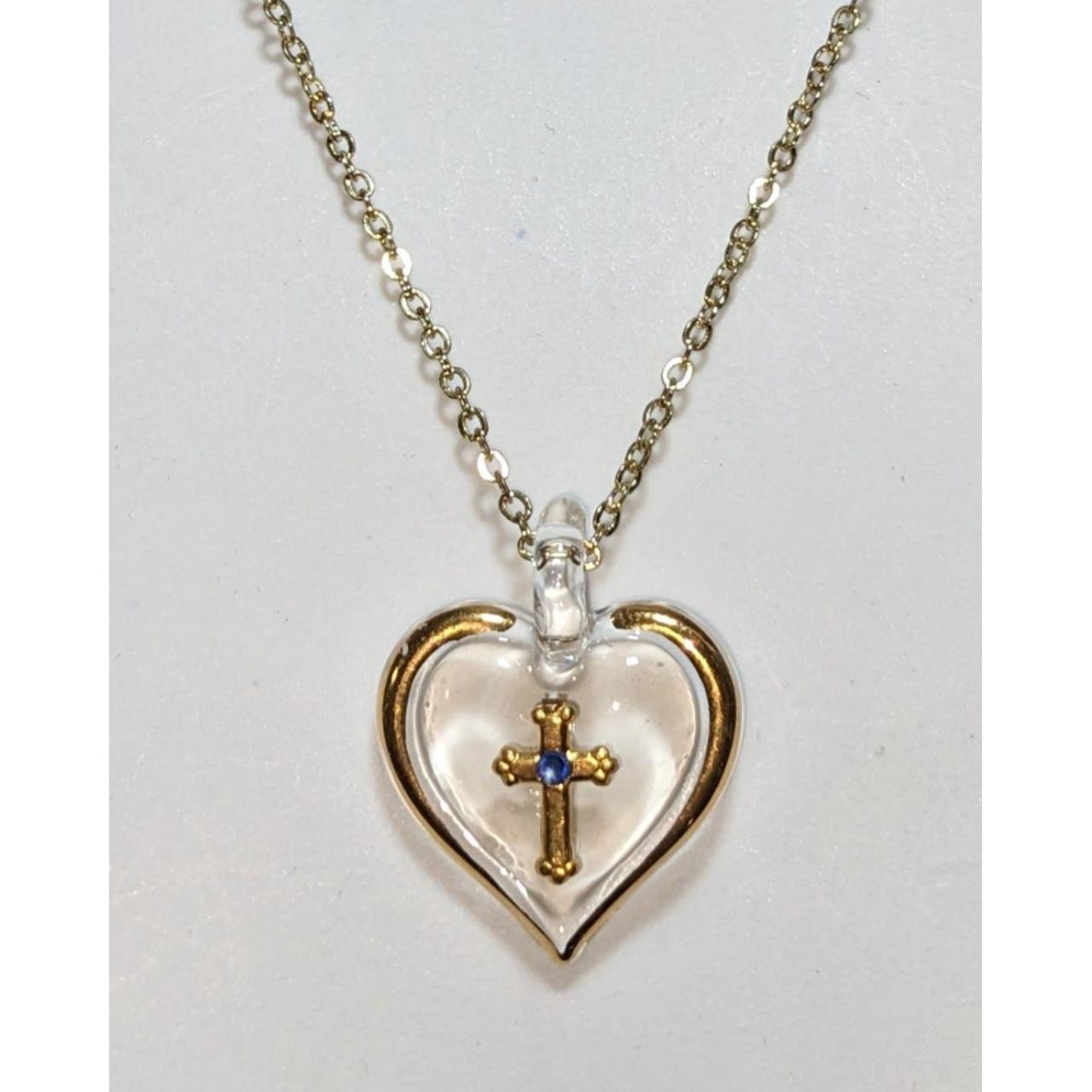 Vintage gold glass heart cross necklace. Roughly 18... - Depop