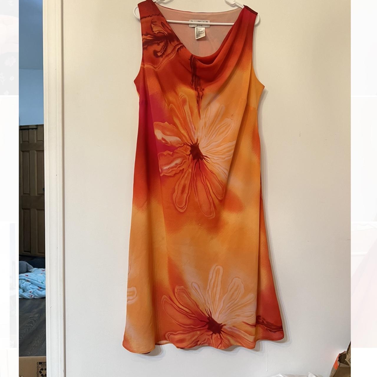 Orange and yellow floral scoop dress in a size 16 in... - Depop
