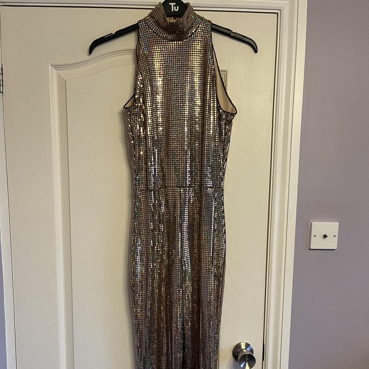 Sparkly flared high neck rose gold sequin jump suit... Depop