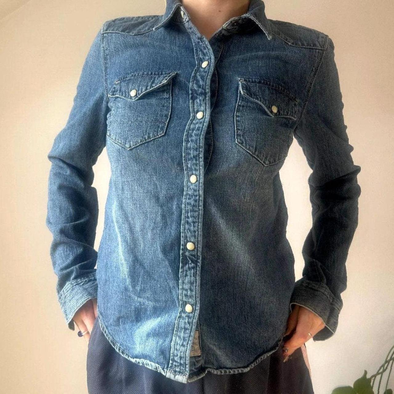 Authentic Blue Cotton Denim Shirt for Men by Armani. Depop