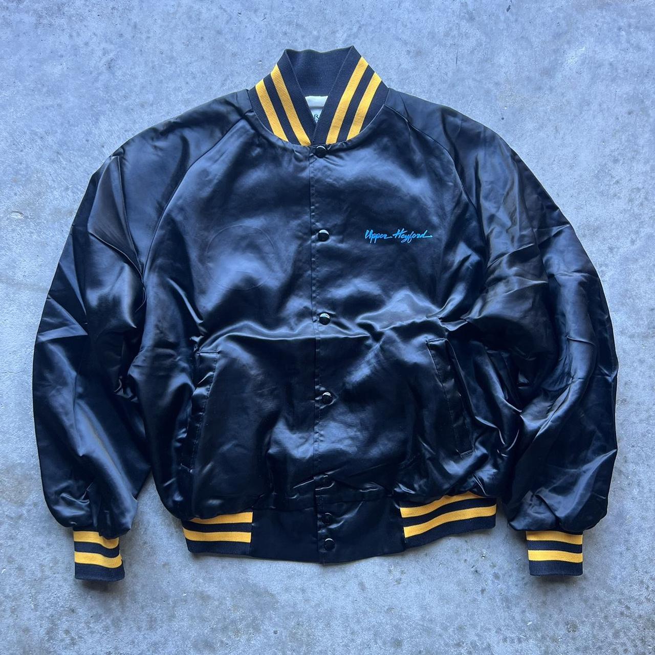 Vintage 80s Black and Yellow Satin Jacket. Worn with... - Depop