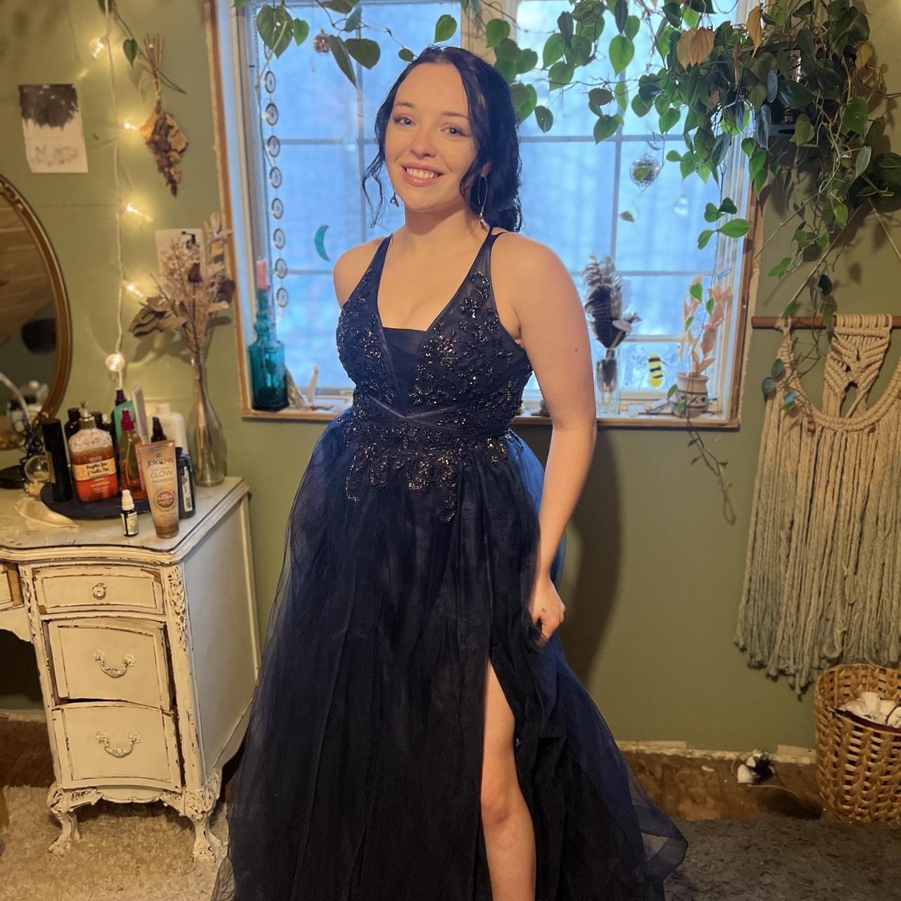 Navy Blue Beaded Corset Ballgown - Depop