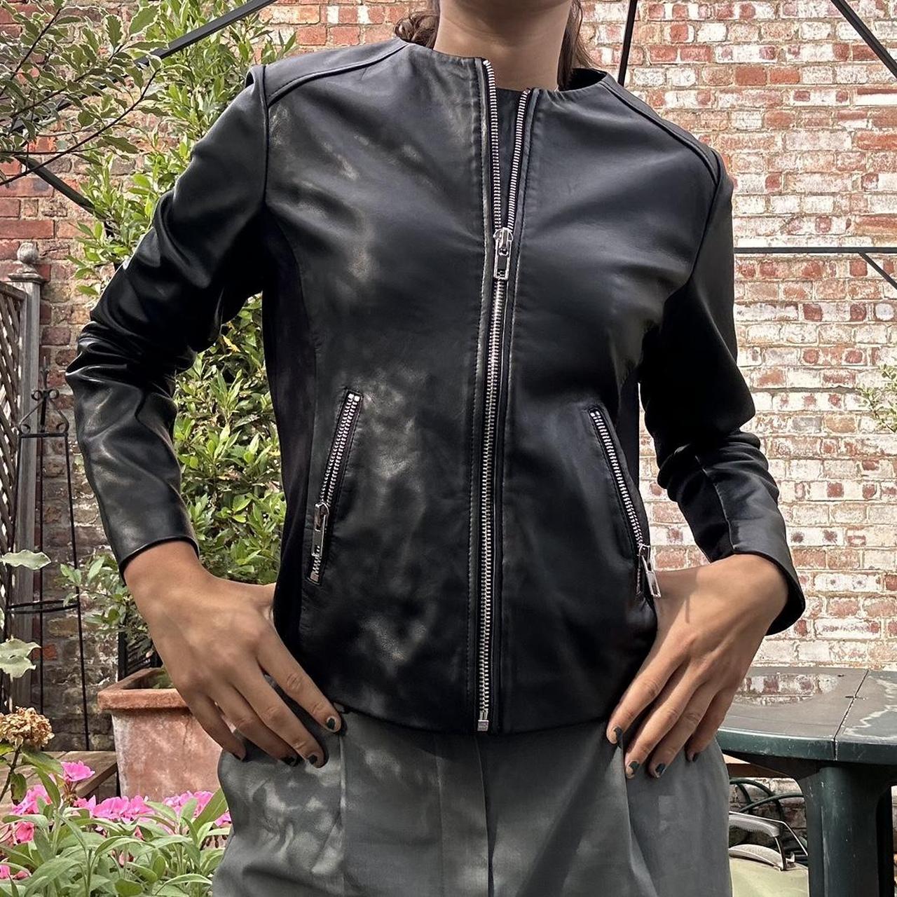 No collar black leather jacket best sale