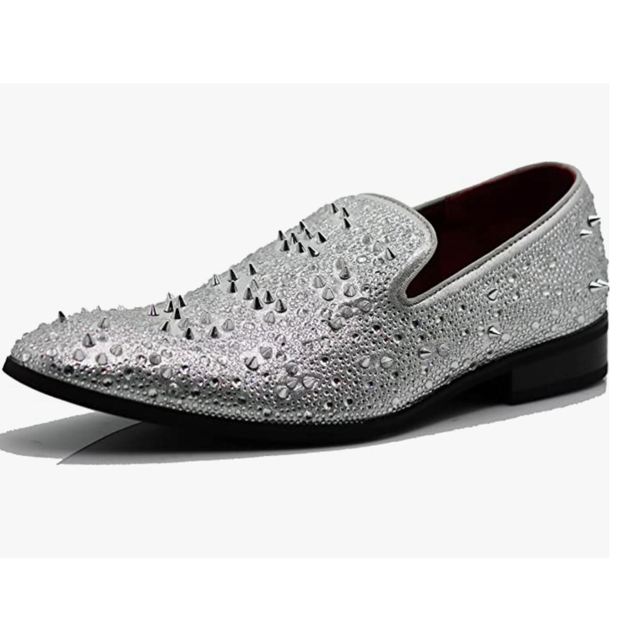 Prom Shoes Silver Loafers With Spikes Men's Silver Spike Loafers